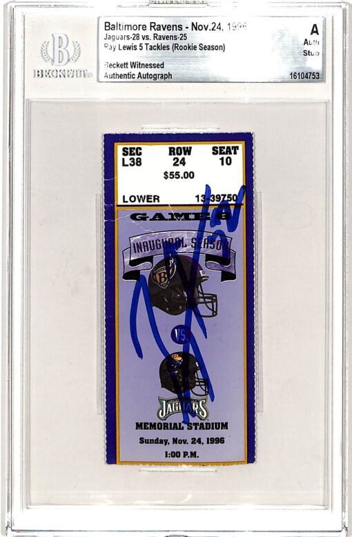 Ray Lewis Signed Baltimore Ravens 11/24/96 Ticket Stub Slab Beckett