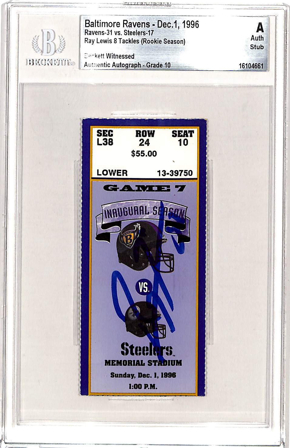 Ray Lewis Signed Baltimore Ravens 12/01/96 Ticket Stub Slab Beckett