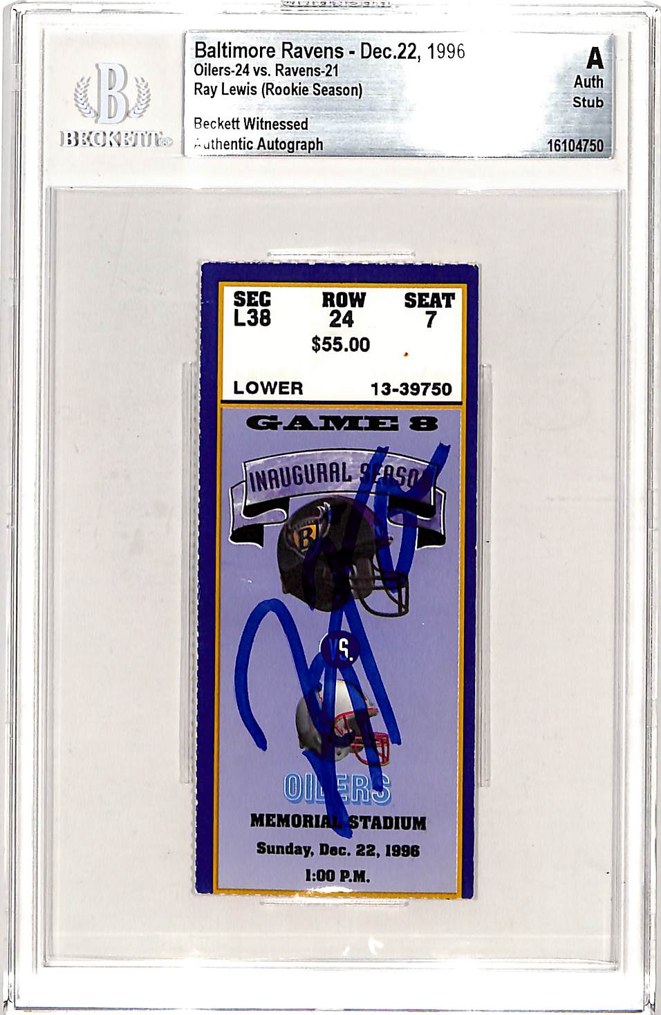 Ray Lewis Signed Baltimore Ravens 12/22/96 Ticket Stub Slab Beckett 