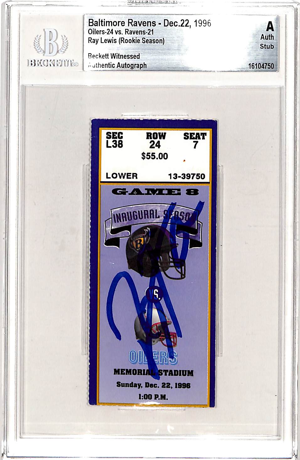 Ray Lewis Signed Baltimore Ravens 12/22/96 Ticket Stub Slab Beckett