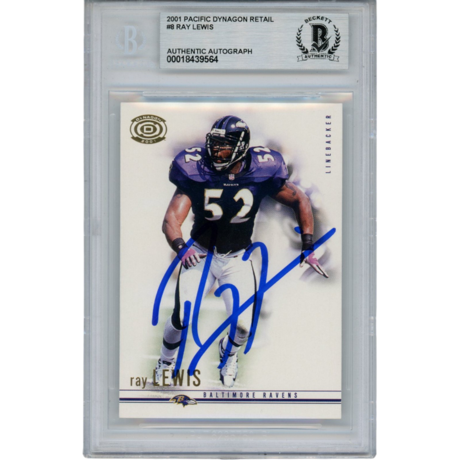 Ray Lewis Autographed 2001 Pacific Dynagon #8 Trading Card Slab Beckett 53514