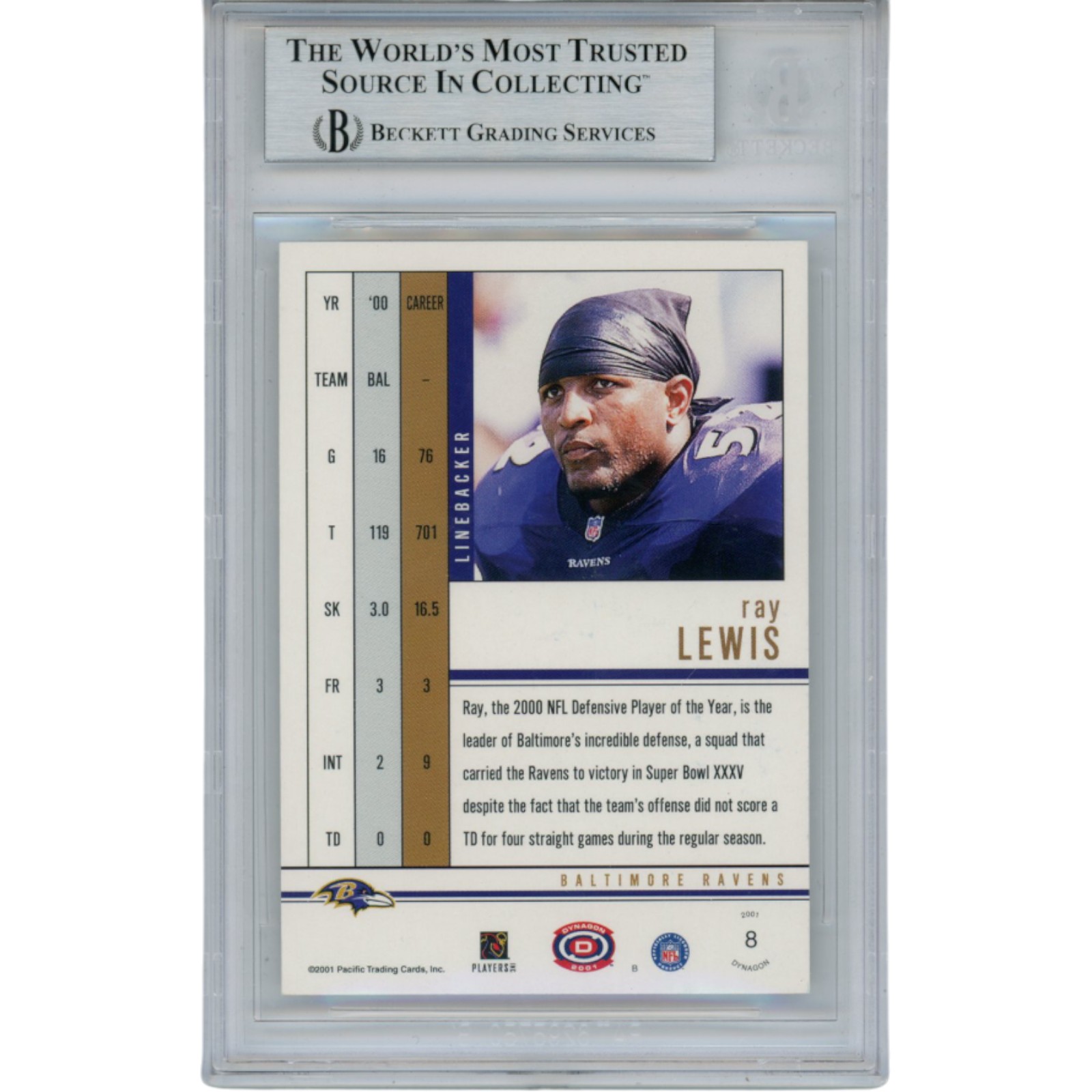 Ray Lewis Autographed 2001 Pacific Dynagon #8 Trading Card Slab Beckett 53514