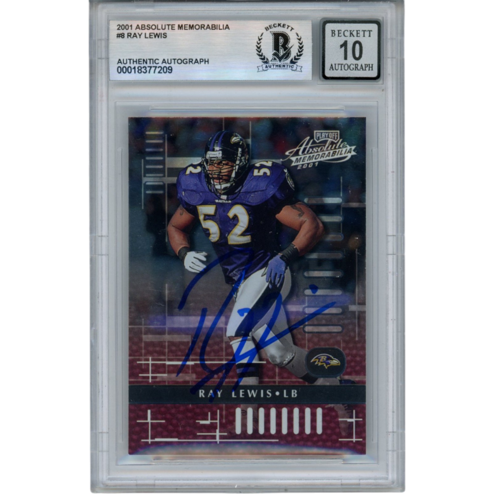 Ray Lewis Autographed 2001 Playoff Absolute #8 Trading Card Beckett 52961