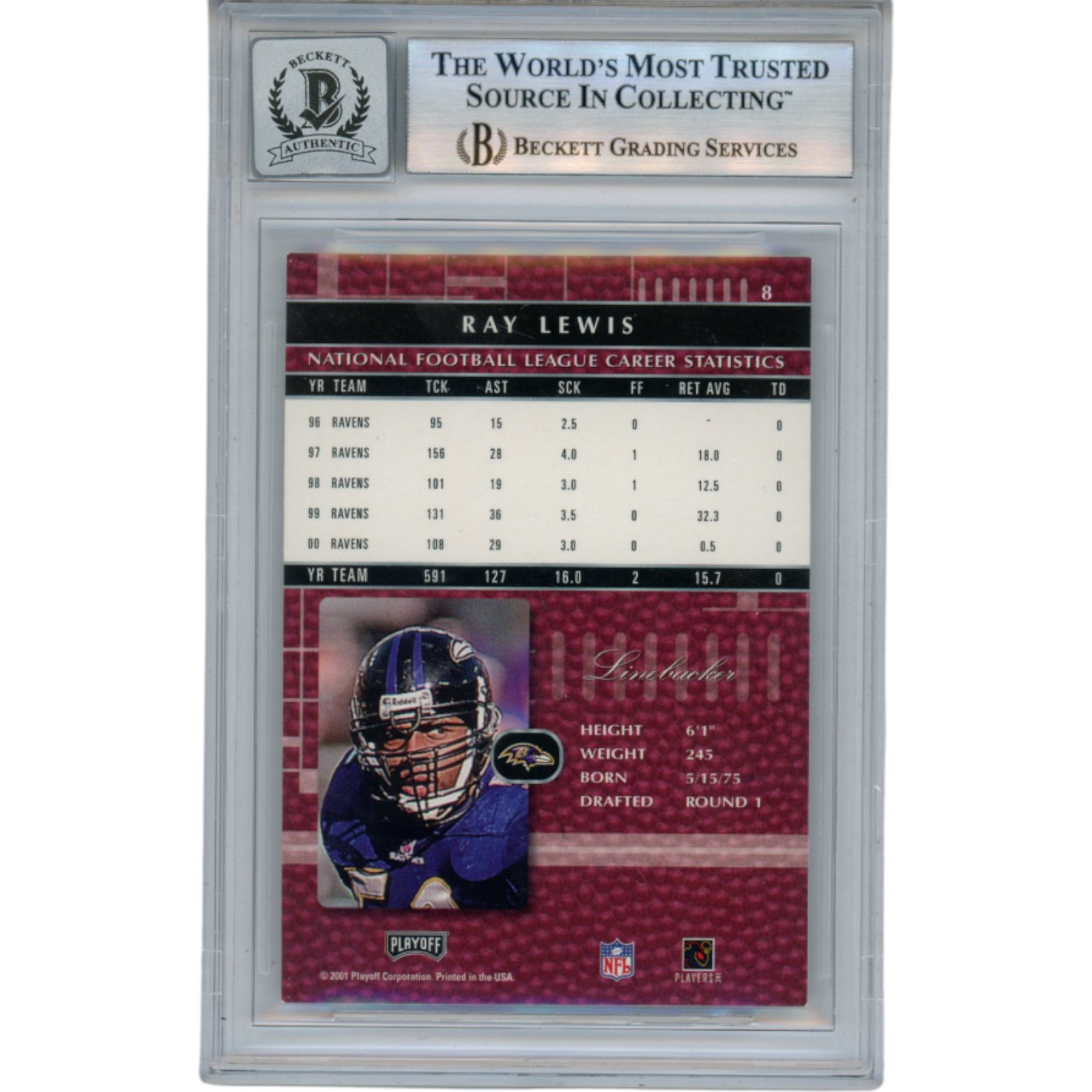 Ray Lewis Autographed 2001 Playoff Absolute #8 Trading Card Beckett 52961 2 Ray Lewis Autographed 2001 Playoff Absolute #8 Trading Card Beckett 52961