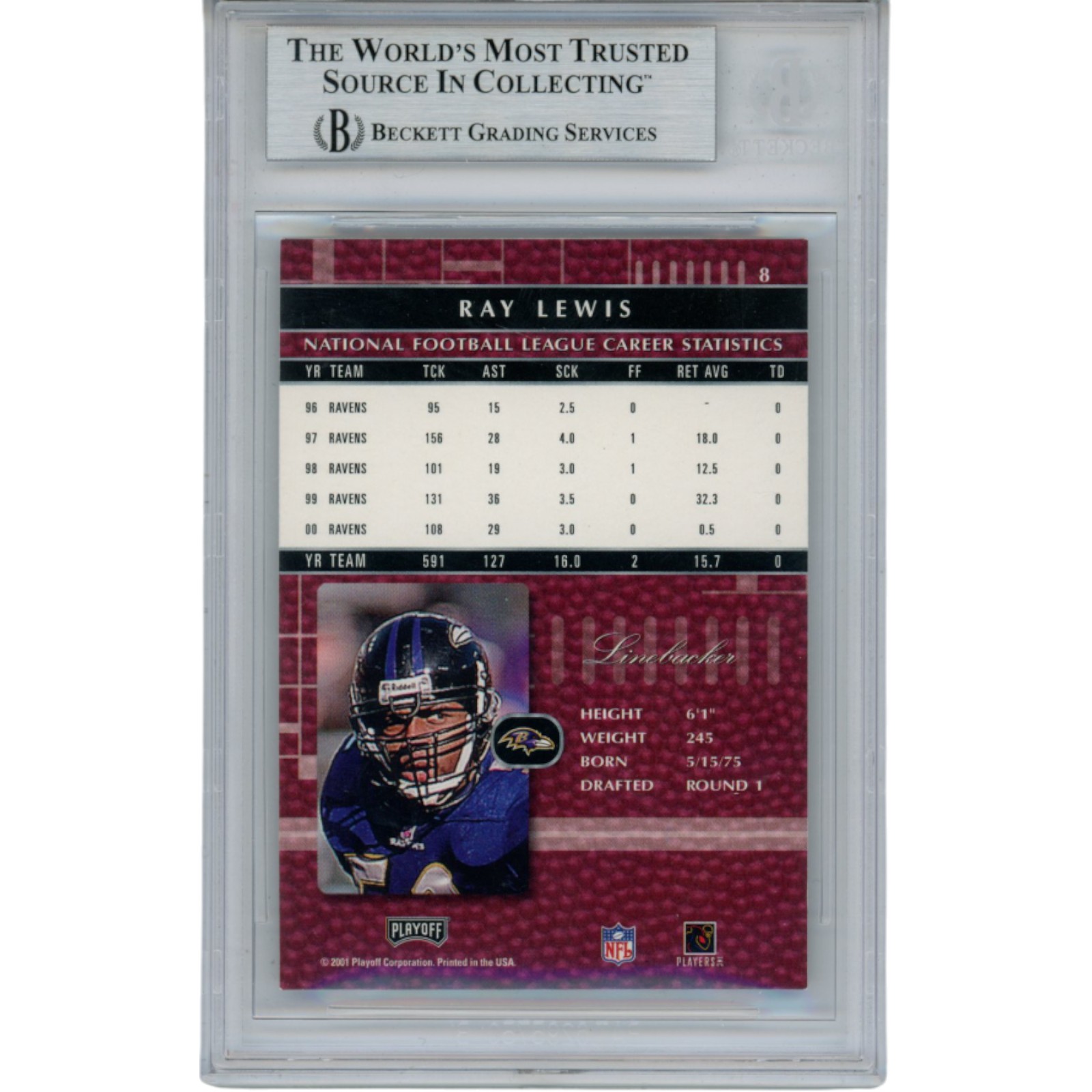 Ray Lewis Autographed/Signed 2001 Absolute #8 Trading Card Slab Beckett 53499