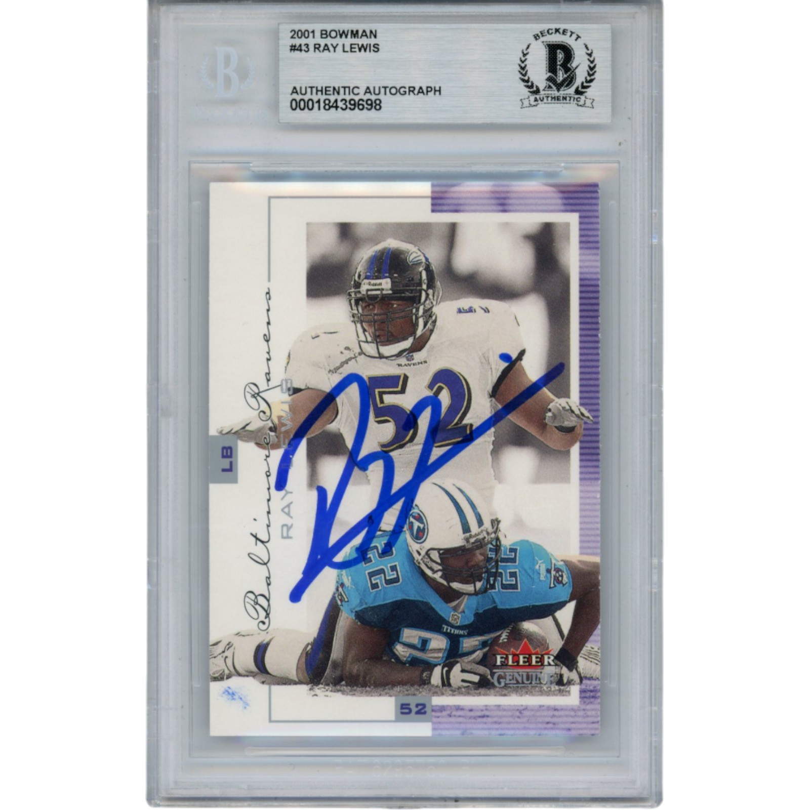 Ray Lewis Autographed/Signed 2001 Bowman #43 Trading Card Slab Beckett 53502