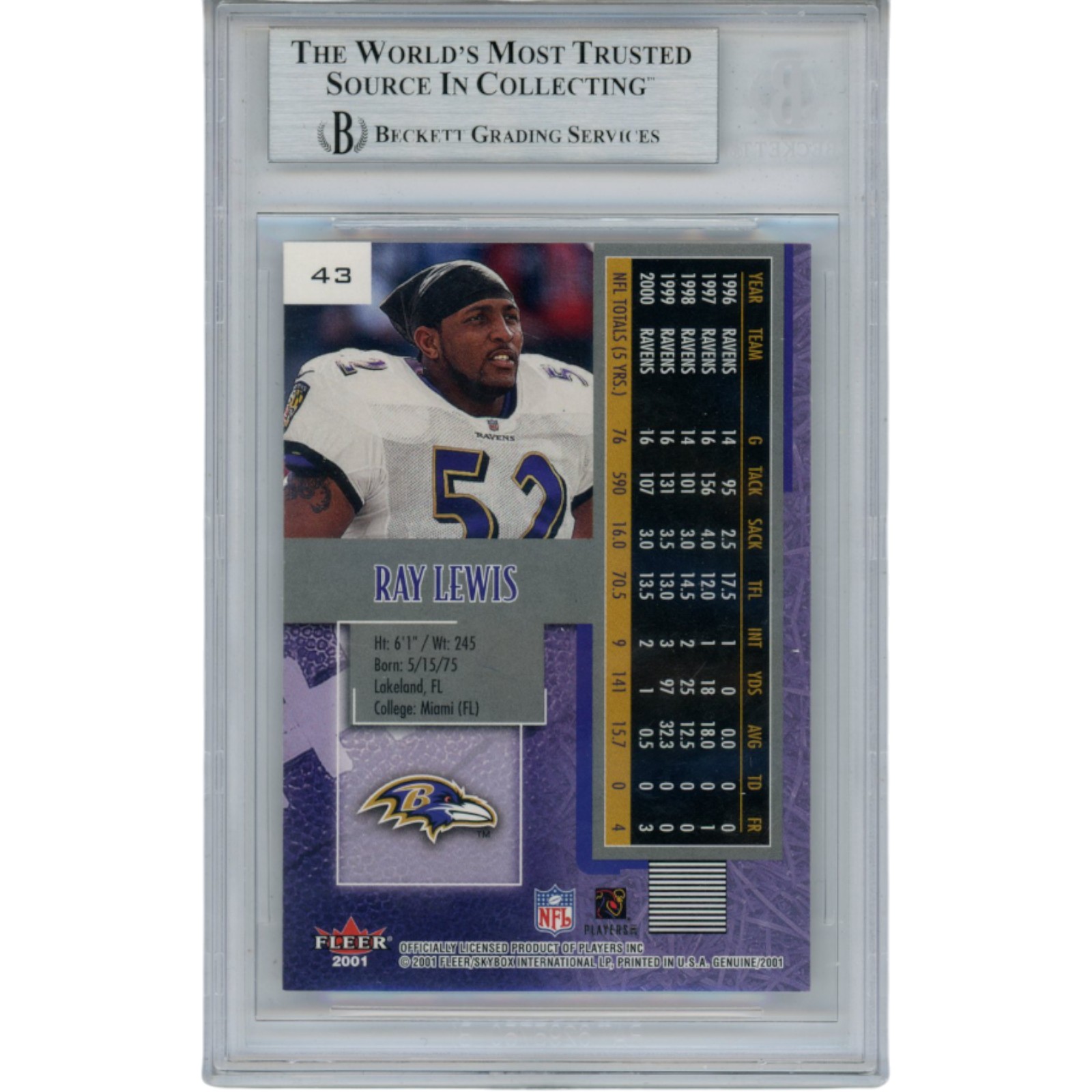 Ray Lewis Autographed/Signed 2001 Bowman #43 Trading Card Slab Beckett 53502