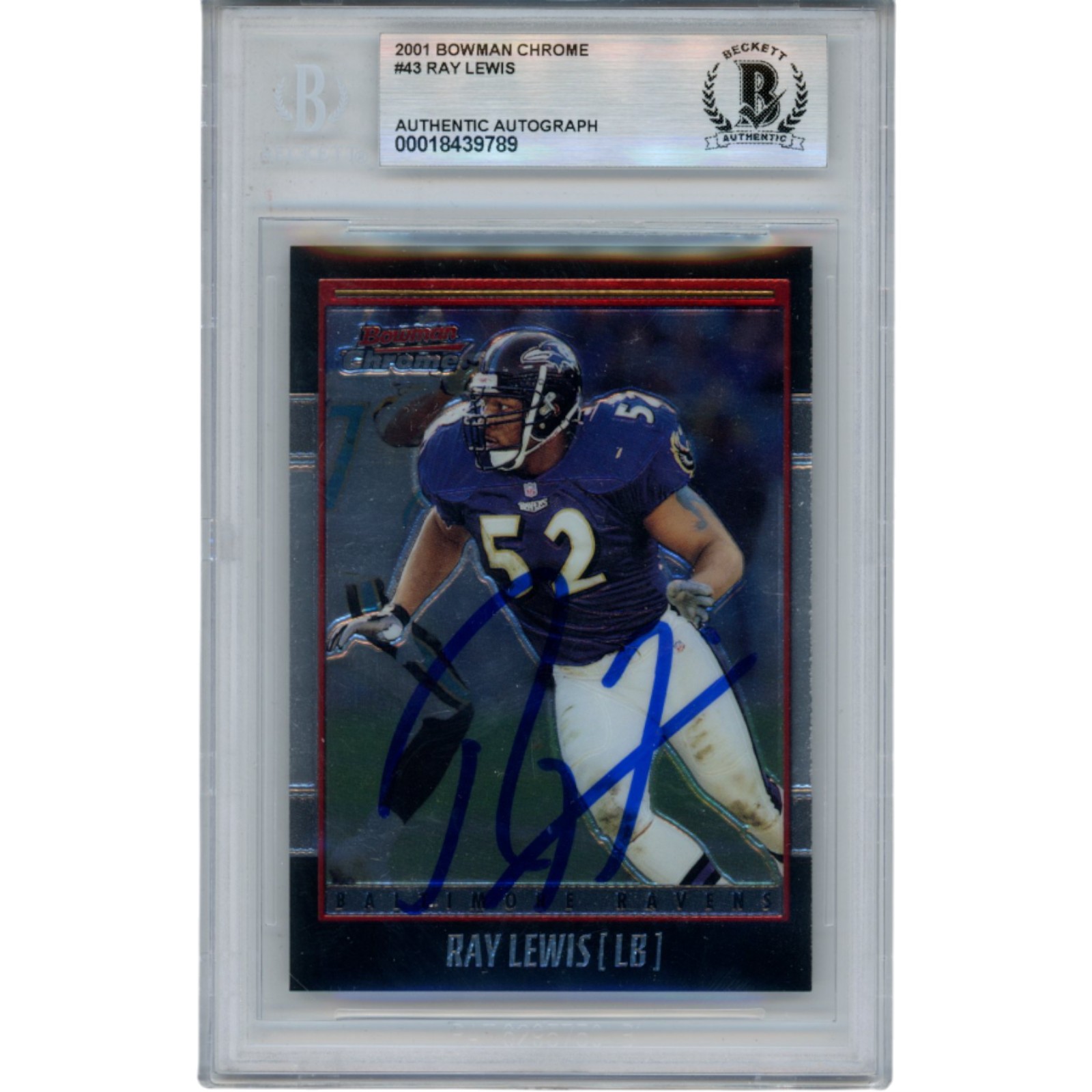 Ray Lewis Autographed 2001 Bowman Chrome #43 Trading Card Slab Beckett 53473 1 Ray Lewis Autographed 2001 Bowman Chrome #43 Trading Card Slab Beckett 53473
