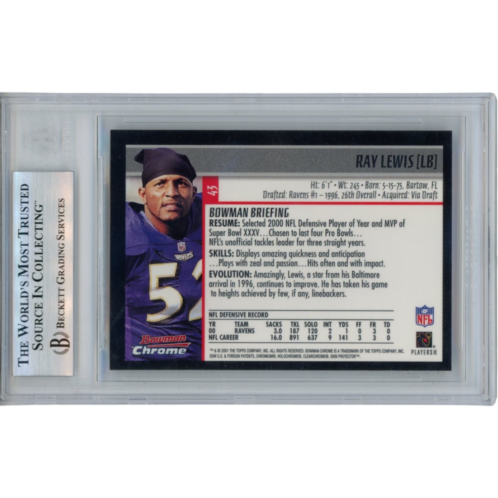 Ray Lewis Autographed 2001 Bowman Chrome #43 Trading Card Slab Beckett 53473 2 Ray Lewis Autographed 2001 Bowman Chrome #43 Trading Card Slab Beckett 53473