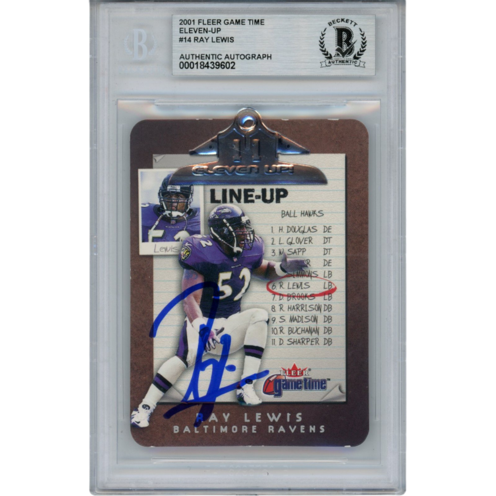 Ray Lewis Autographed 2001 Fleer Eleven Up #14/15 Trading Card Beckett 53525