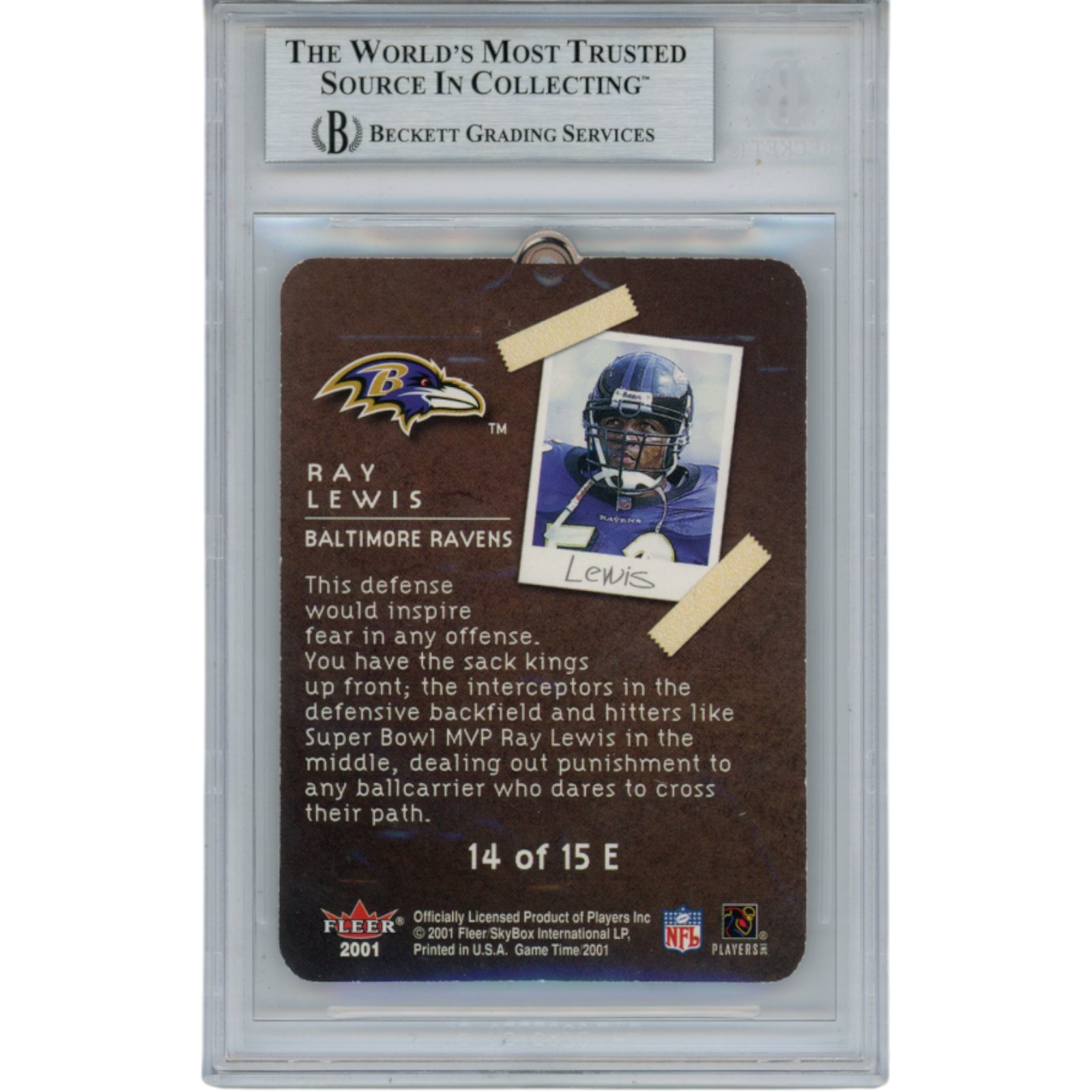 Ray Lewis Autographed 2001 Fleer Eleven Up #14/15 Trading Card Beckett 53525