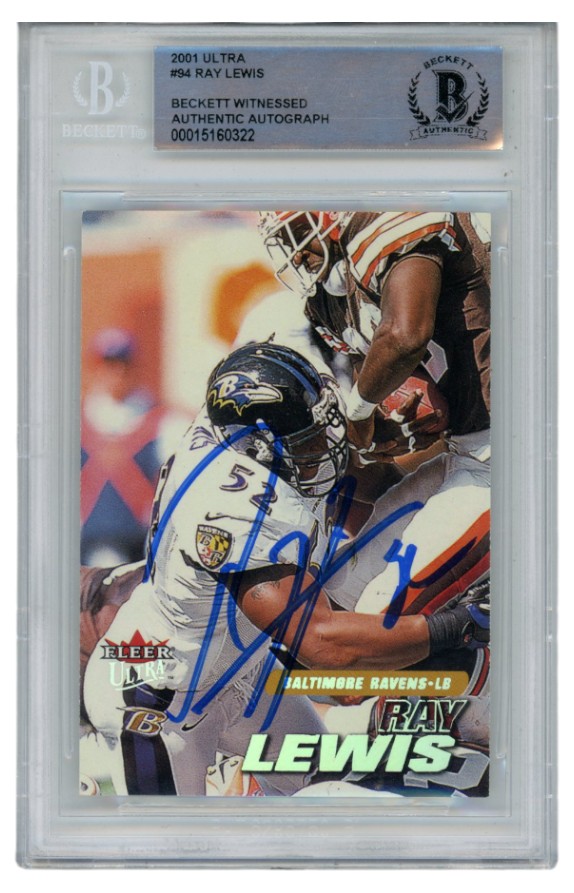 Ray Lewis Autographed/Signed 2001 Fleer Ultra #94 Trading Card Beckett 52679 1 Ray Lewis Autographed/Signed 2001 Fleer Ultra #94 Trading Card Beckett 52679