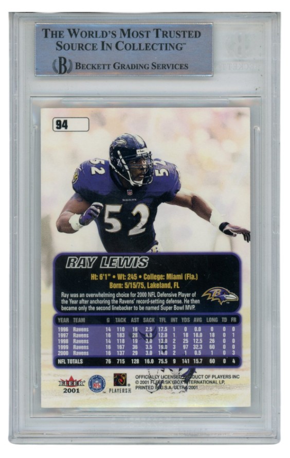 Ray Lewis Autographed/Signed 2001 Fleer Ultra #94 Trading Card Beckett 52679 2 Ray Lewis Autographed/Signed 2001 Fleer Ultra #94 Trading Card Beckett 52679