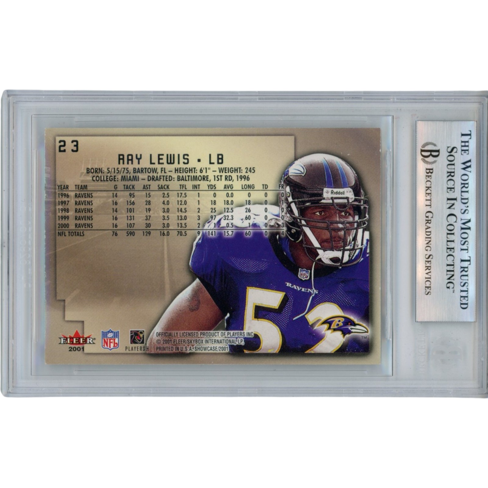 Ray Lewis Autographed/Signed 2001 Fleer #23 Trading Card Slab Beckett 53466 2 Ray Lewis Autographed/Signed 2001 Fleer #23 Trading Card Slab Beckett 53466