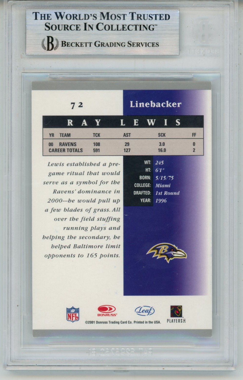 Ray Lewis Autographed 2001 Leaf Certified #72 Slabbed Trading Card Beckett 53496 2 Ray Lewis Autographed 2001 Leaf Certified #72 Slabbed Trading Card Beckett 53496