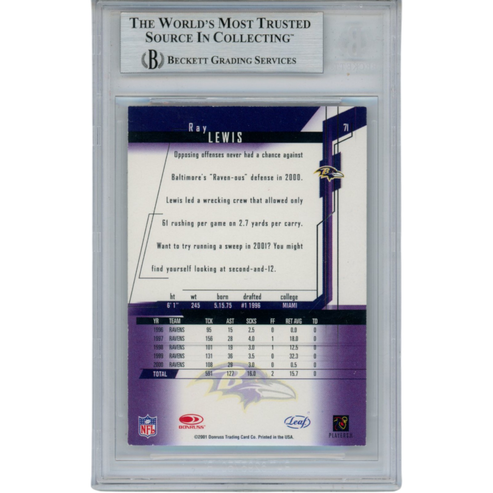 Ray Lewis Autographed 2001 Leaf Rookies & Stars #71 Trading Card Beckett 53524