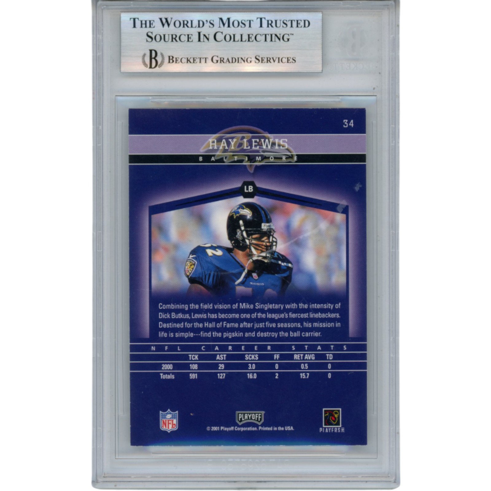 Ray Lewis Autographed 2001 Playoff Honors #34 Trading Card Slab Beckett 53471 2 Ray Lewis Autographed 2001 Playoff Honors #34 Trading Card Slab Beckett 53471