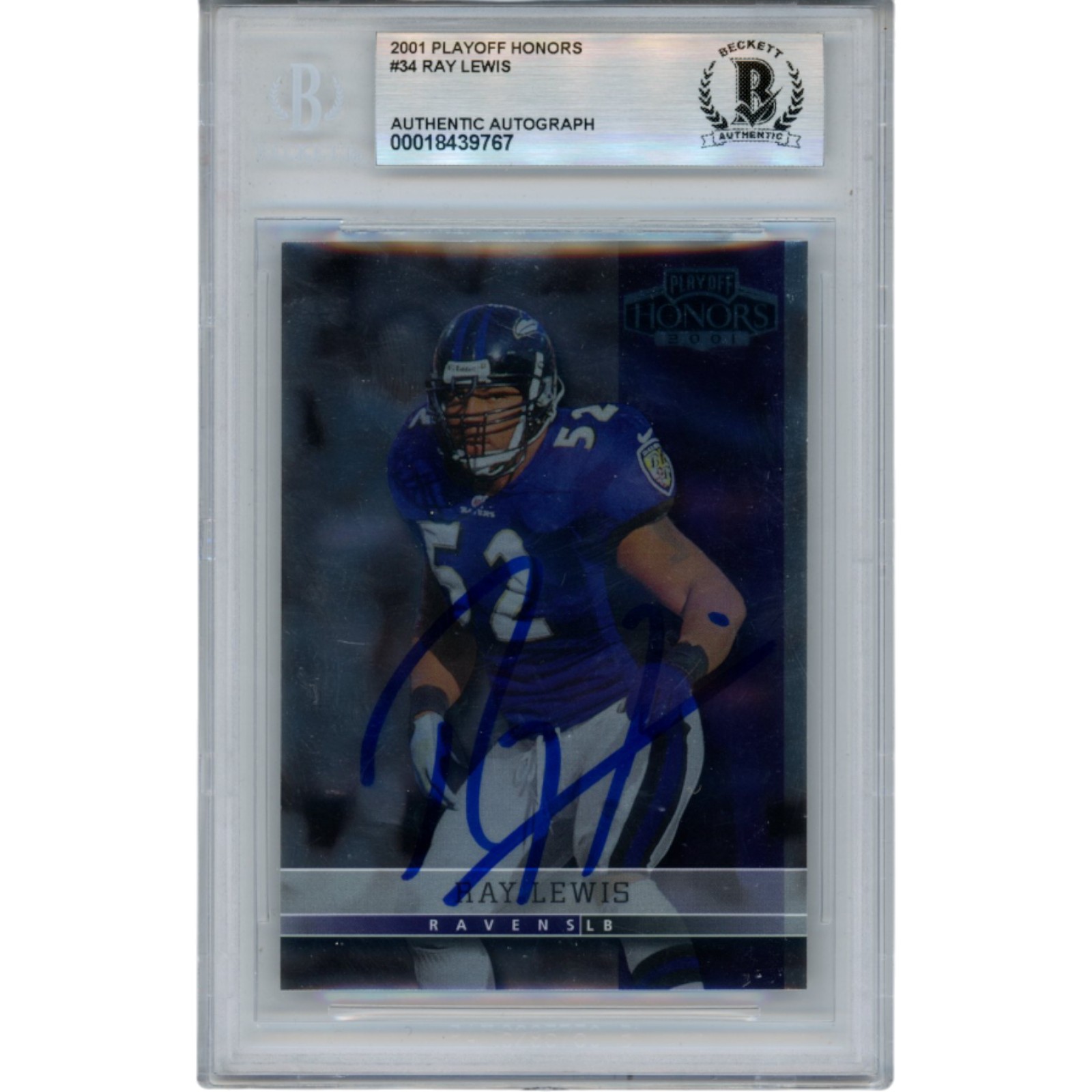 Ray Lewis Autographed 2001 Playoff Honors #34 Trading Card Slab Beckett 53483