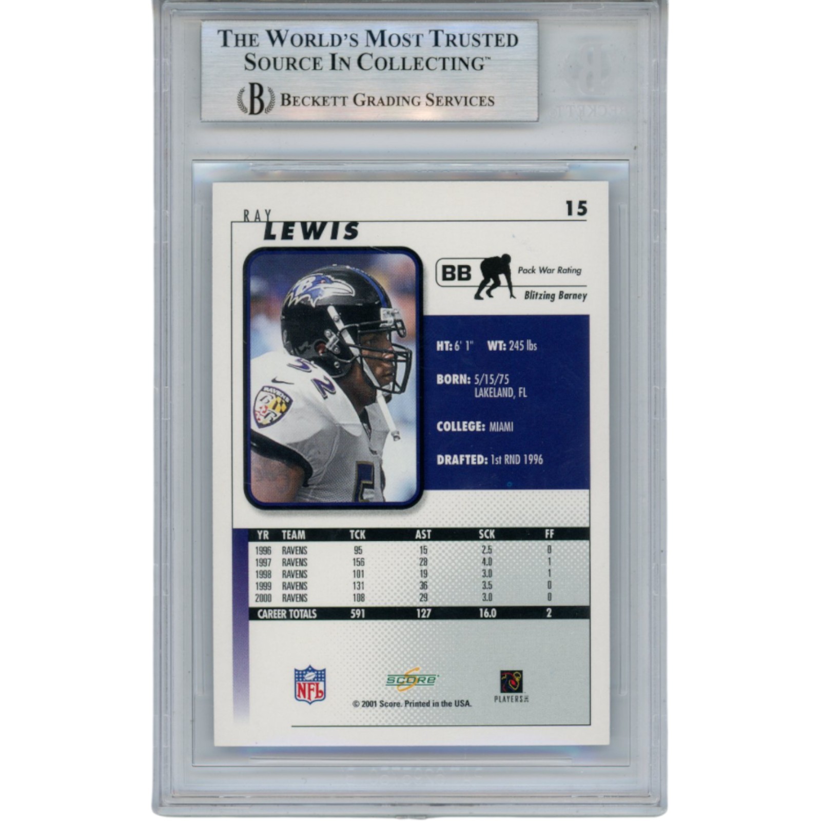 Ray Lewis Autographed/Signed 2001 Score #15 Trading Card Slab Beckett 53487