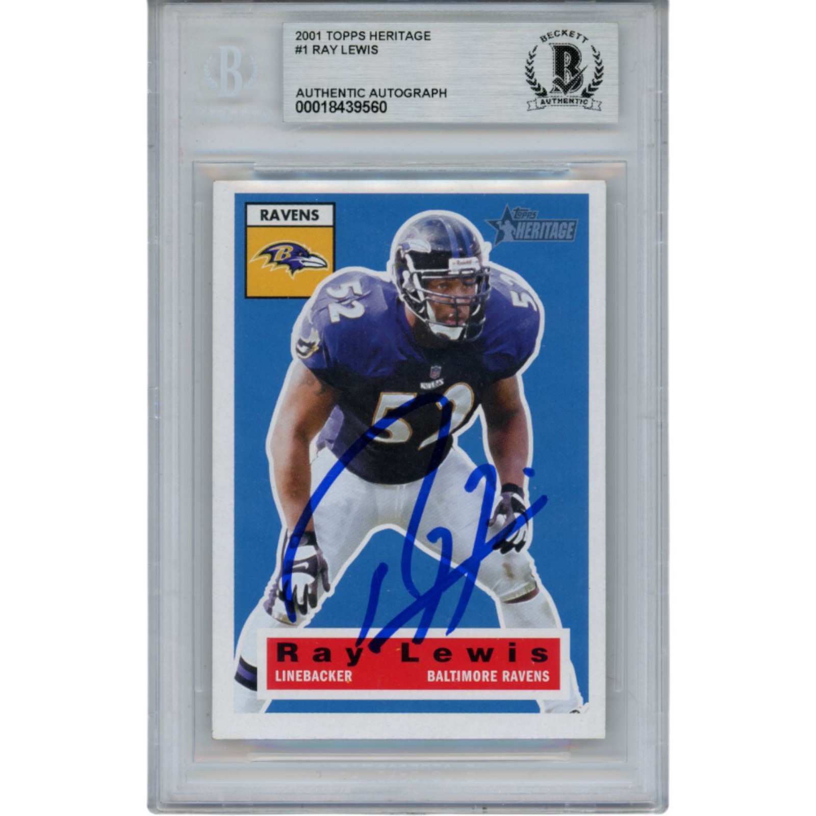 Ray Lewis Autographed 2001 Topps Heritage #1 Trading Card Slab Beckett 53513