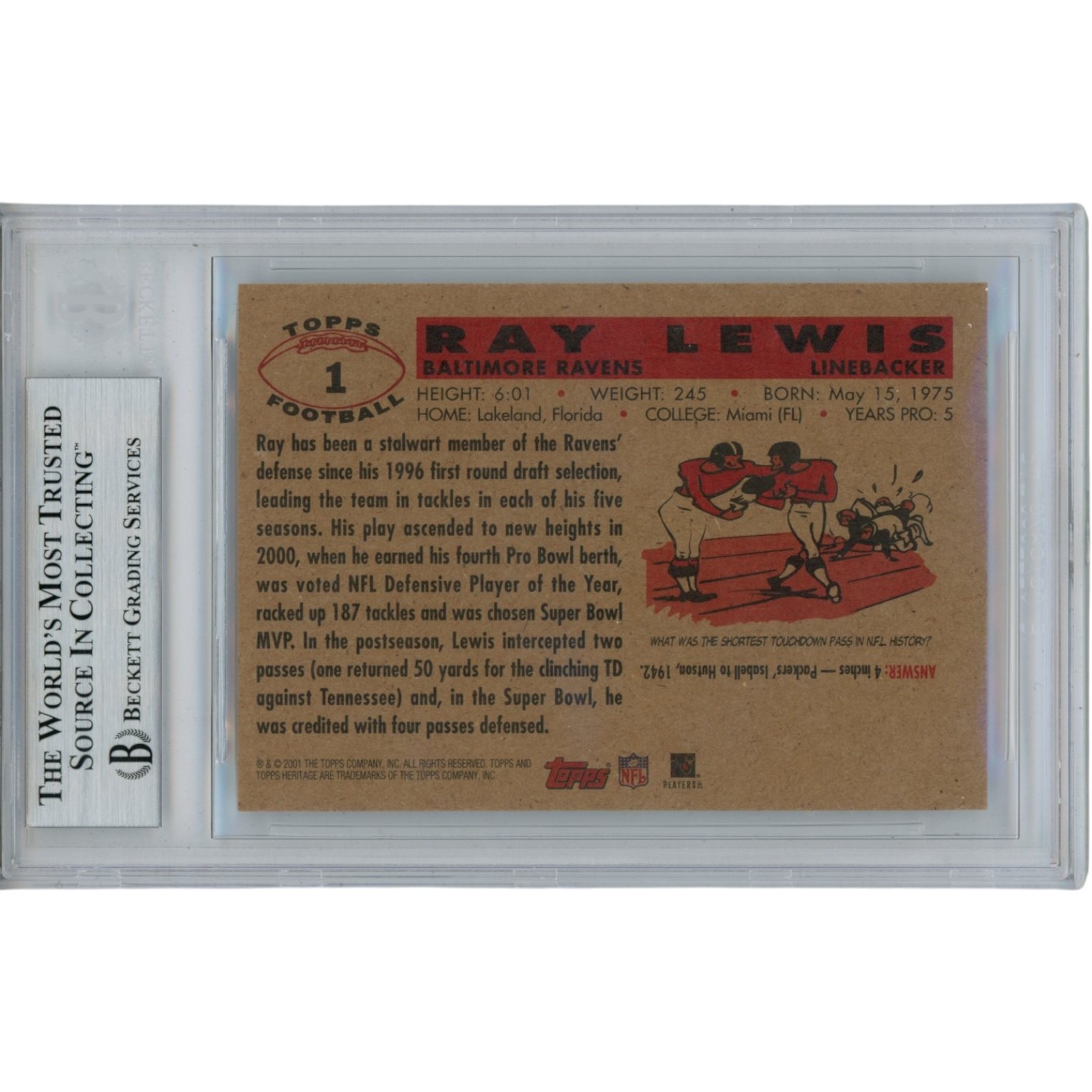 Ray Lewis Autographed 2001 Topps Heritage #1 Trading Card Slab Beckett 53513