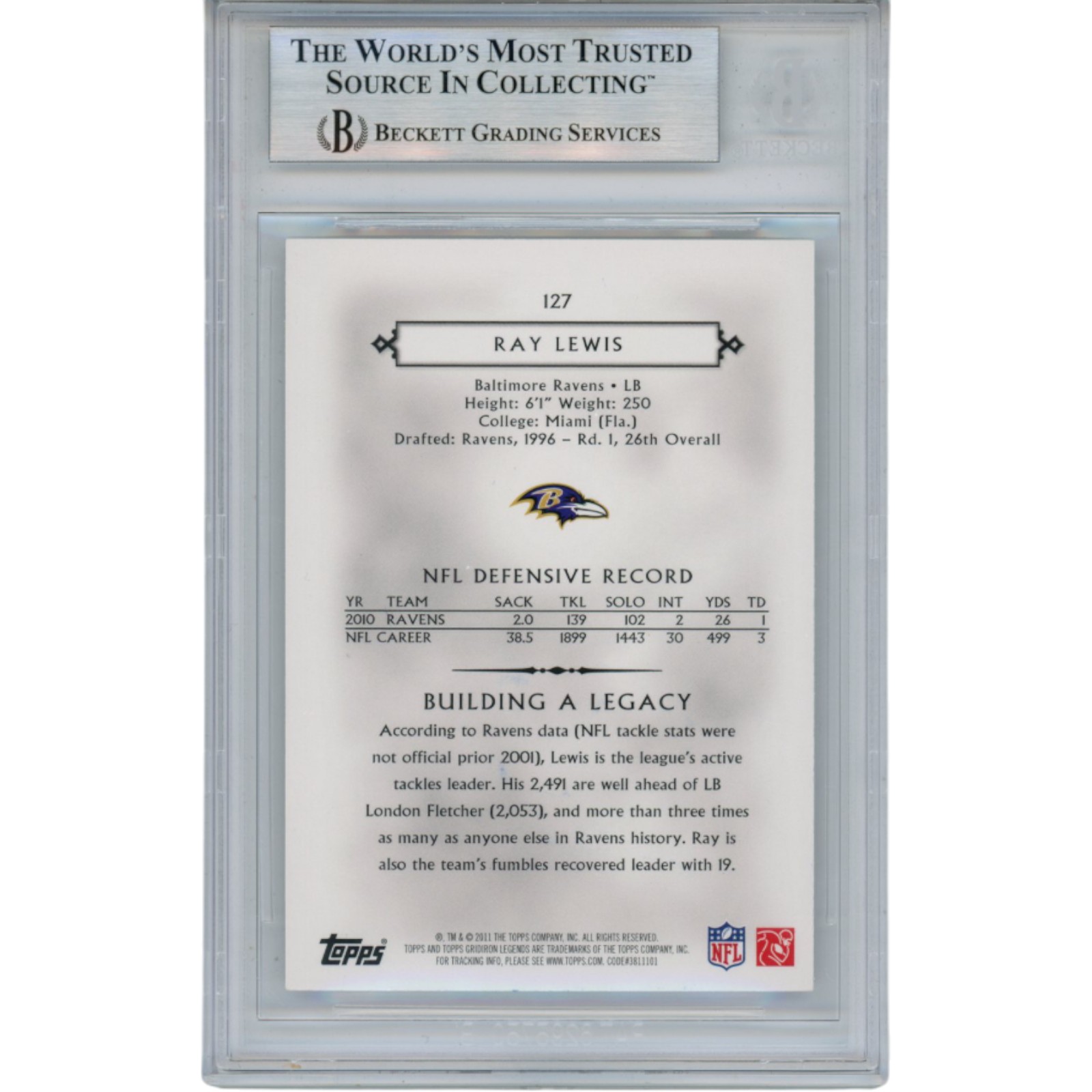 Ray Lewis Autographed 2001 Topps Legends #127 Trading Card Slab Beckett 53462 2 Ray Lewis Autographed 2001 Topps Legends #127 Trading Card Slab Beckett 53462