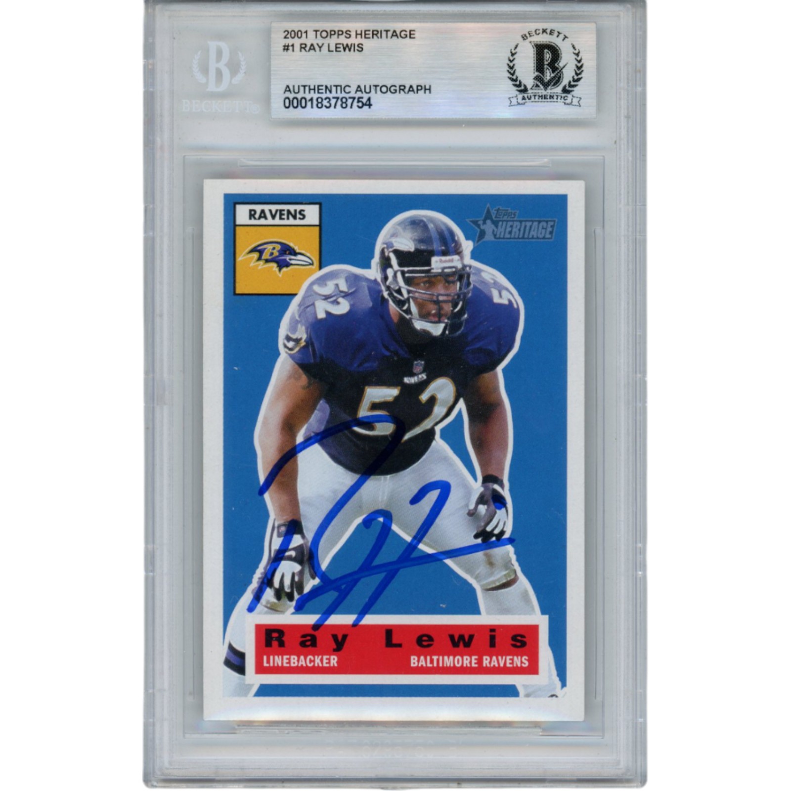 Ray Lewis Autographed 2001 Topps Heritage #1 Trading Card Beckett 52979