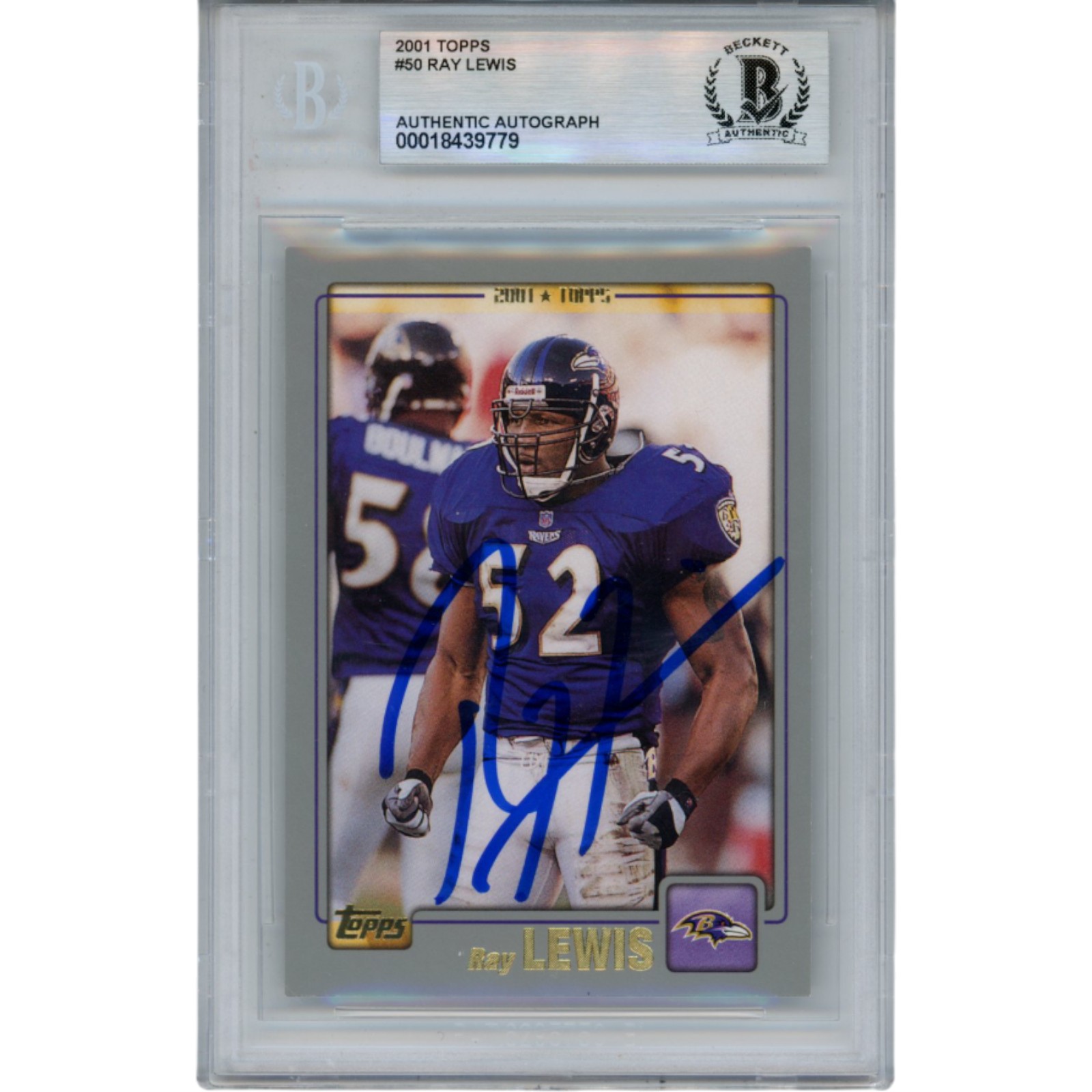 Ray Lewis Autographed/Signed 2001 Topps #50 Trading Card Slab Beckett 53478