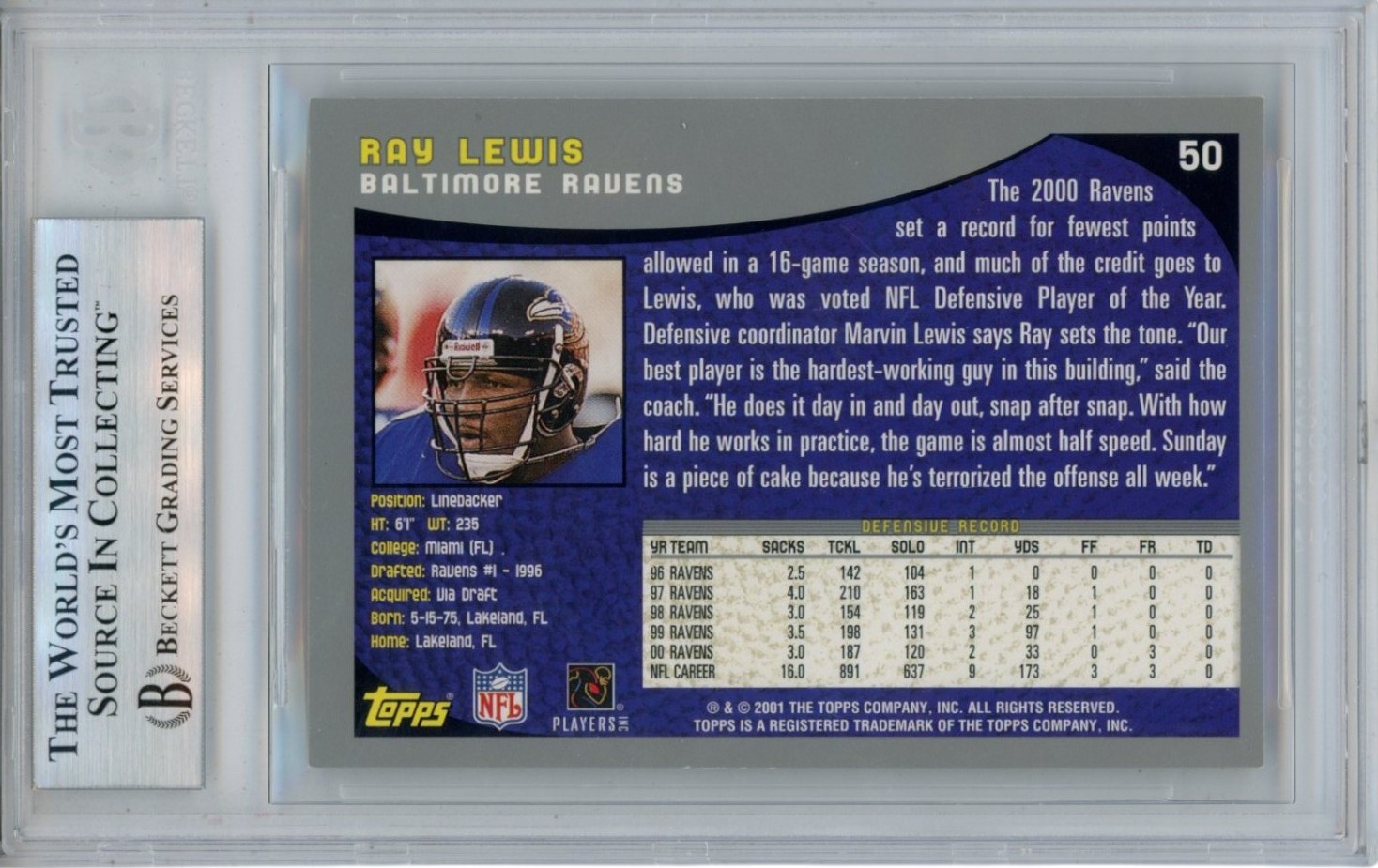 Ray Lewis Autographed/Signed 2001 Topps #50 Trading Card Slab Beckett 53478 2 Ray Lewis Autographed/Signed 2001 Topps #50 Trading Card Slab Beckett 53478