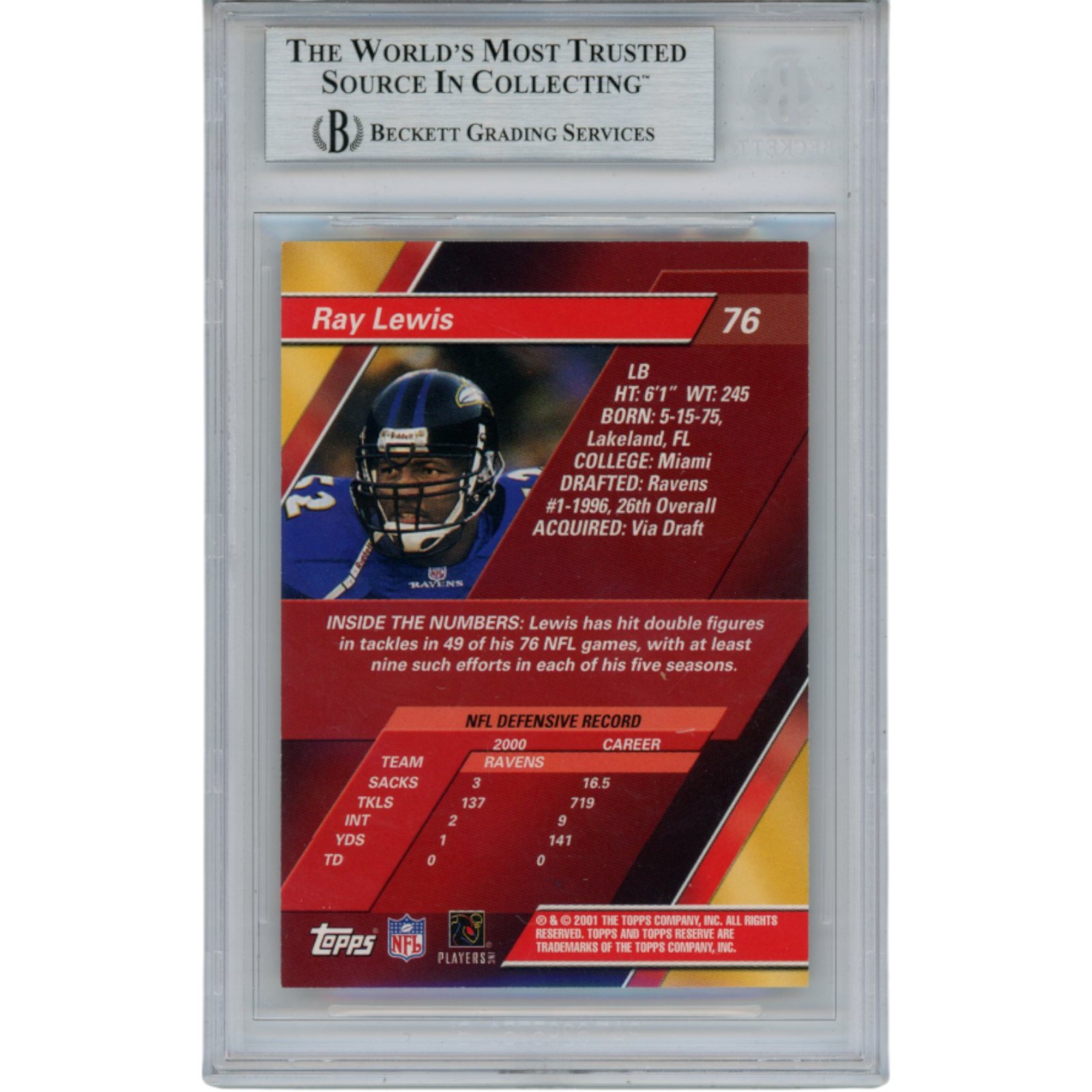 Ray Lewis Autographed 2001 Topps Reserve #76 Trading Card Slab Beckett 53507 2 Ray Lewis Autographed 2001 Topps Reserve #76 Trading Card Slab Beckett 53507