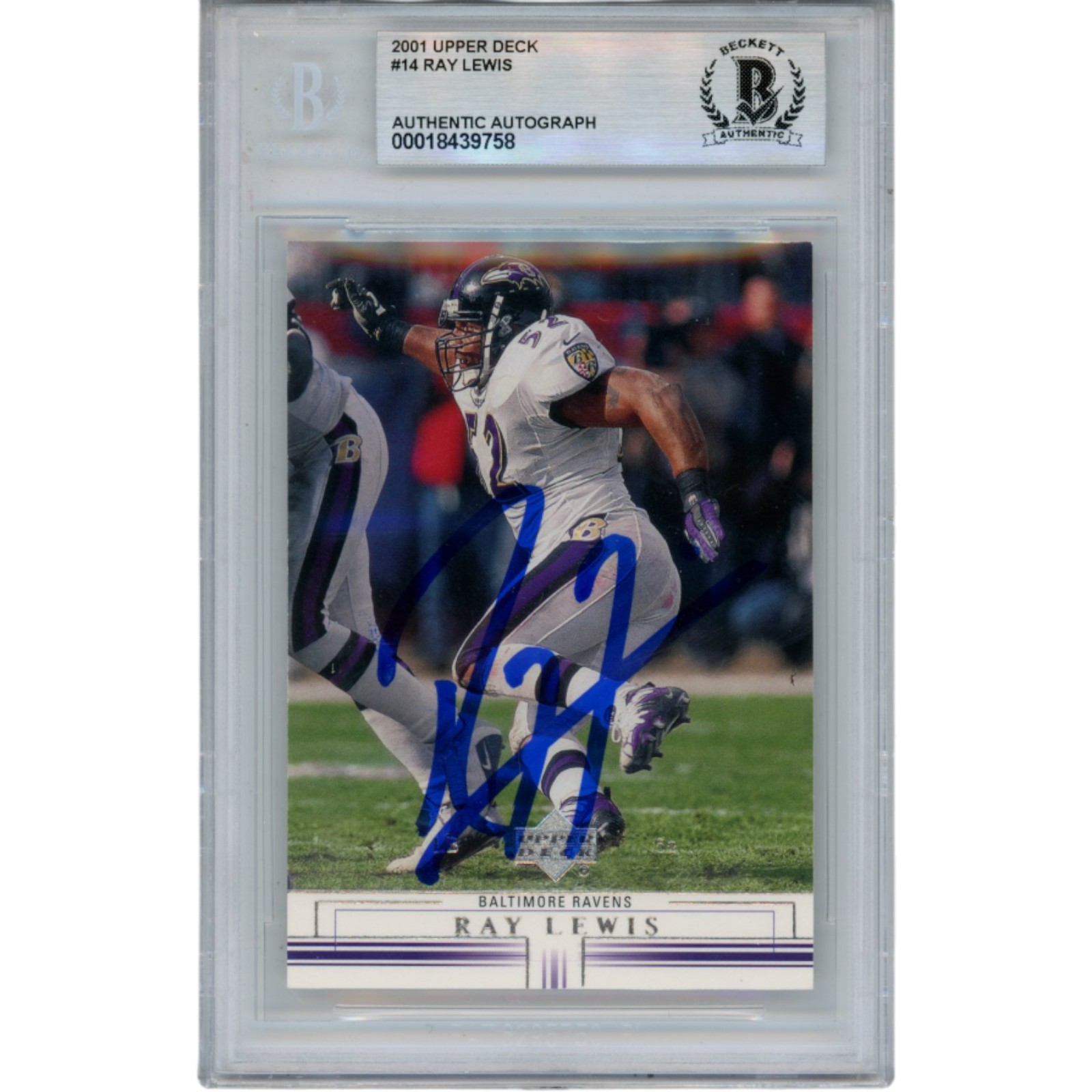 Ray Lewis Autographed/Signed 2001 Upper Deck #14 Trading Card Slab Beckett 53469 1 Ray Lewis Autographed/Signed 2001 Upper Deck #14 Trading Card Slab Beckett 53469