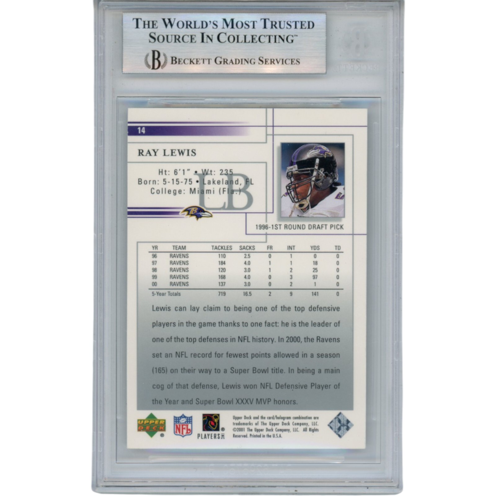 Ray Lewis Autographed/Signed 2001 Upper Deck #14 Trading Card Slab Beckett 53469 2 Ray Lewis Autographed/Signed 2001 Upper Deck #14 Trading Card Slab Beckett 53469