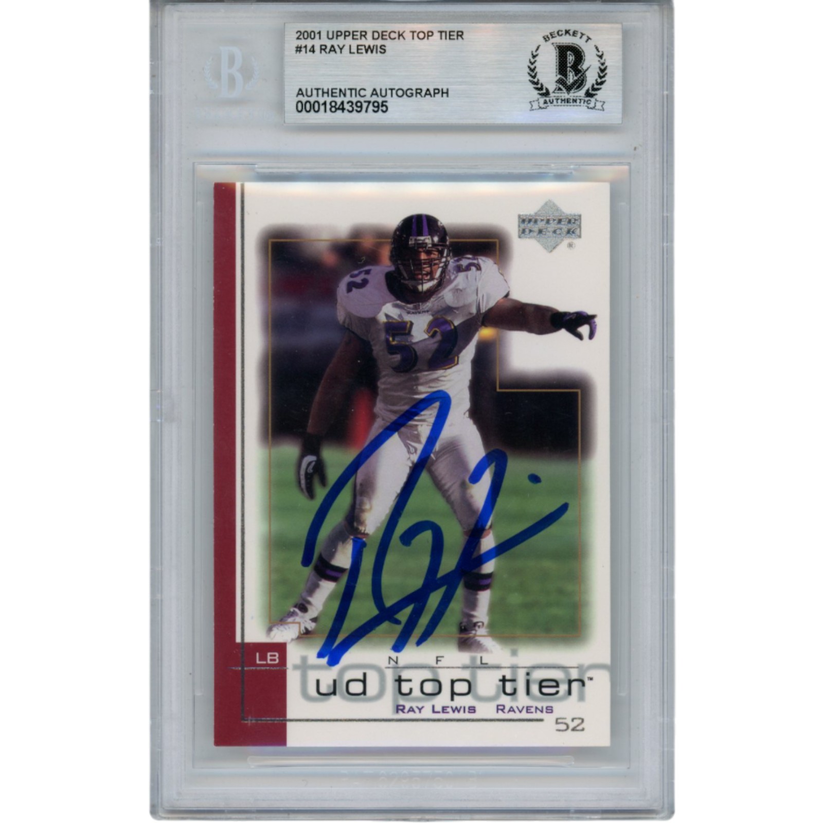 Ray Lewis Autographed/Signed 2001 Upper Deck #14 Trading Card Slab Beckett 53486