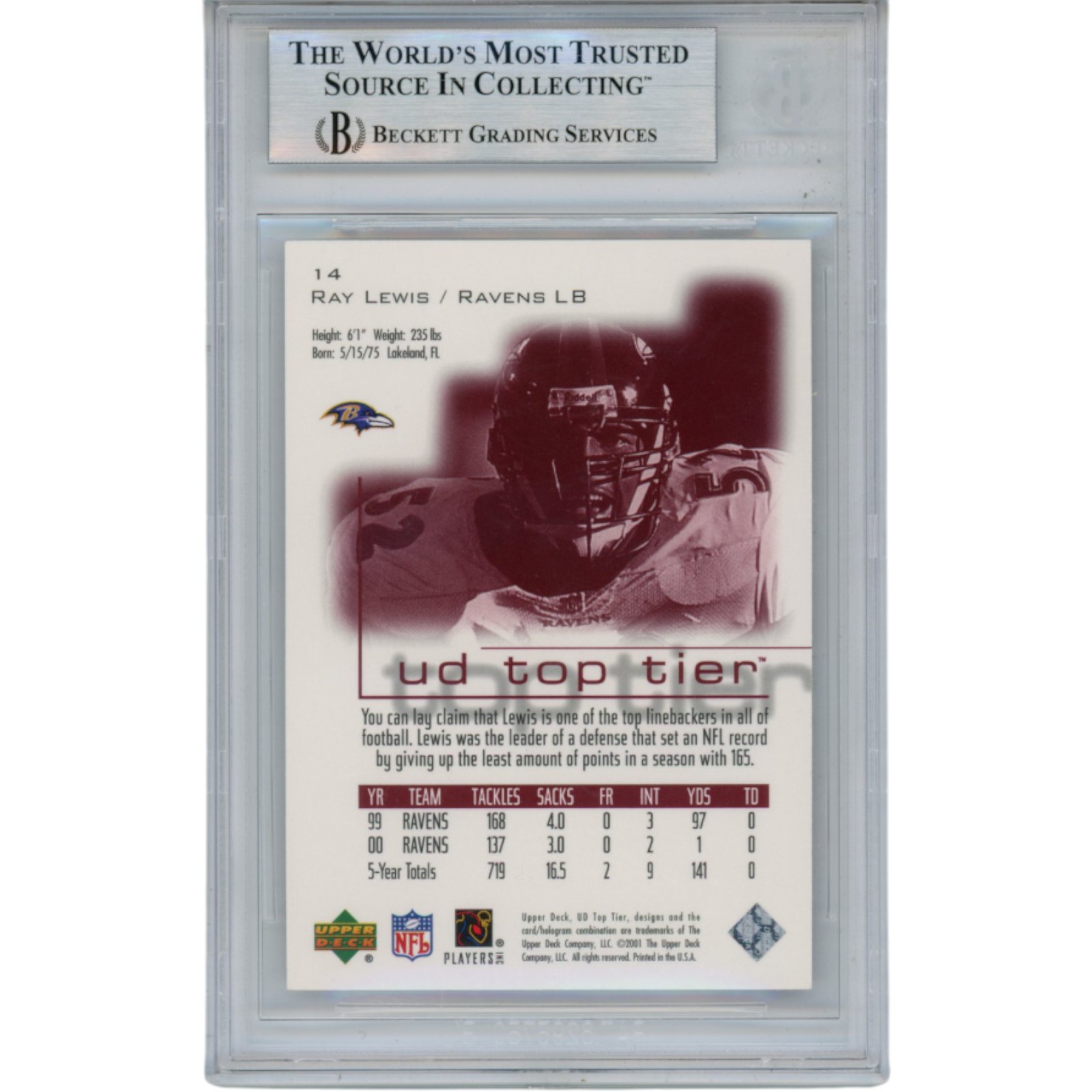 Ray Lewis Autographed/Signed 2001 Upper Deck #14 Trading Card Slab Beckett 53486