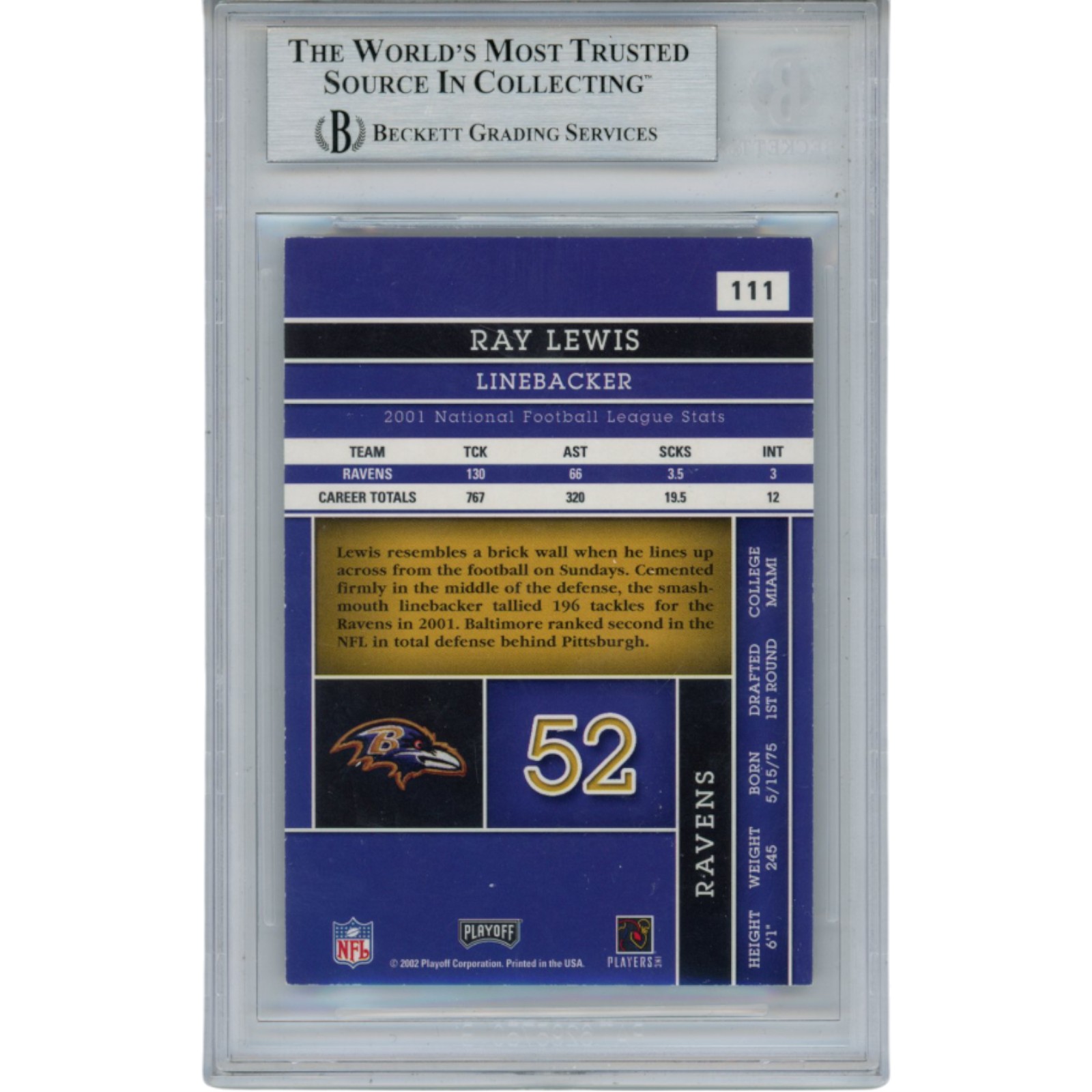 Ray Lewis Autographed/Signed 2002 Absolute #111 Trading Card Slab Beckett 53506 2 Ray Lewis Autographed/Signed 2002 Absolute #111 Trading Card Slab Beckett 53506