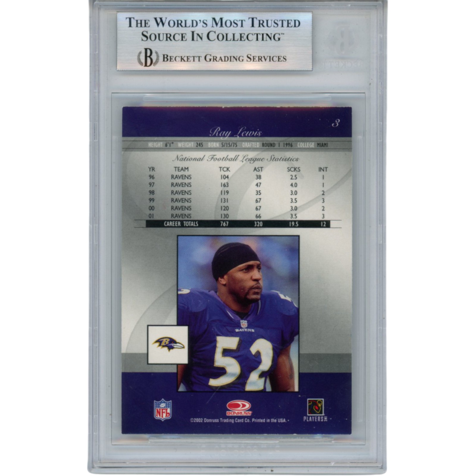 Ray Lewis Autographed 2002 Donruss Elite #3 Trading Card Slab Beckett 53468 2 Ray Lewis Autographed 2002 Donruss Elite #3 Trading Card Slab Beckett 53468