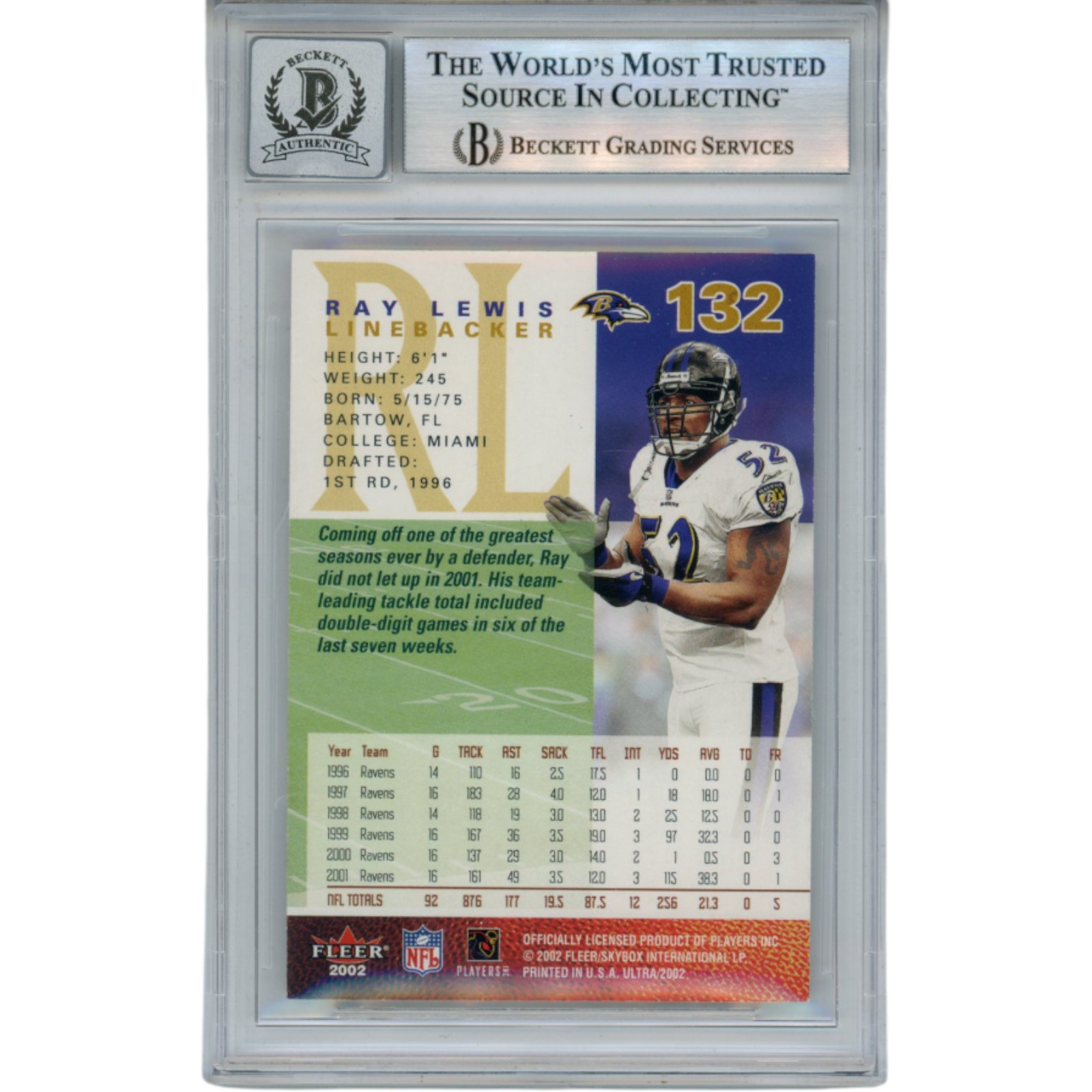 Ray Lewis Autographed 2002 Fleer Focus #132 Trading Card Beckett 52958