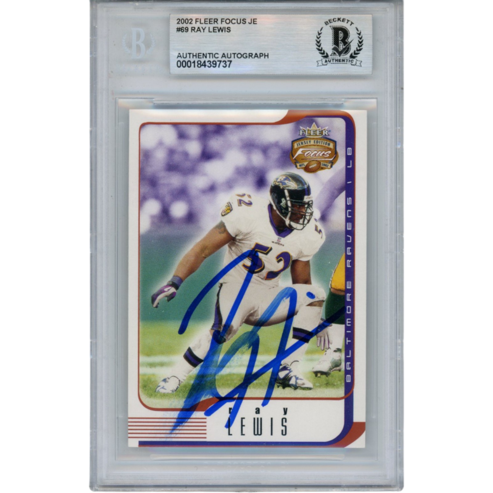 Ray Lewis Autographed/Signed 2002 Fleer #69 Trading Card Slab Beckett 53491