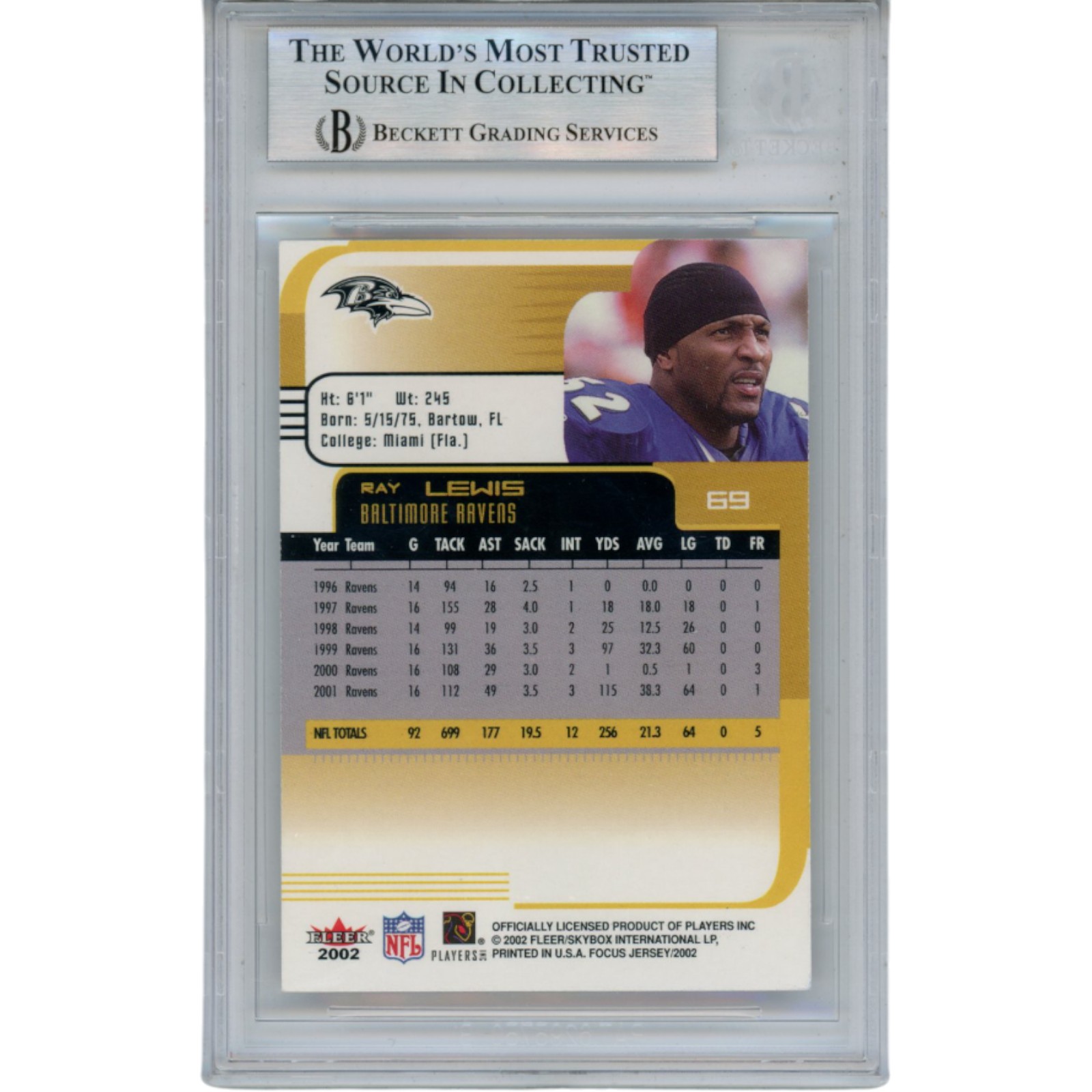 Ray Lewis Autographed/Signed 2002 Fleer #69 Trading Card Slab Beckett 53491
