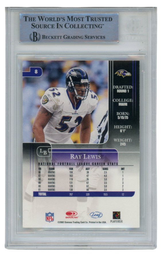 Ray Lewis Autographed 2002 Leaf Rookies & Stars #8 Card Slab Beckett 52696 2 Ray Lewis Autographed 2002 Leaf Rookies & Stars #8 Card Slab Beckett 52696