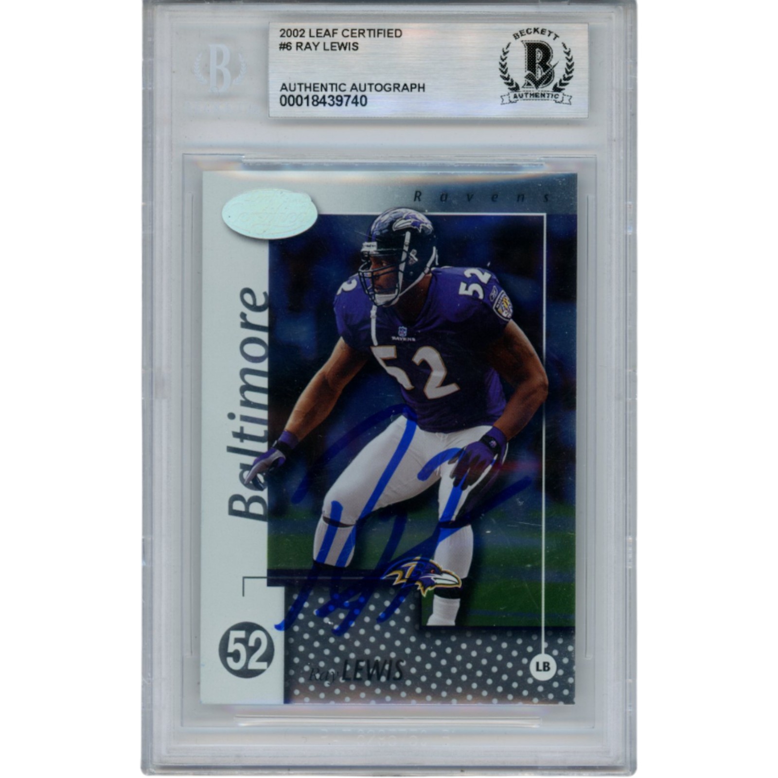 Ray Lewis Autographed 2002 Leaf Certified #6 Trading Card Slab Beckett 53490