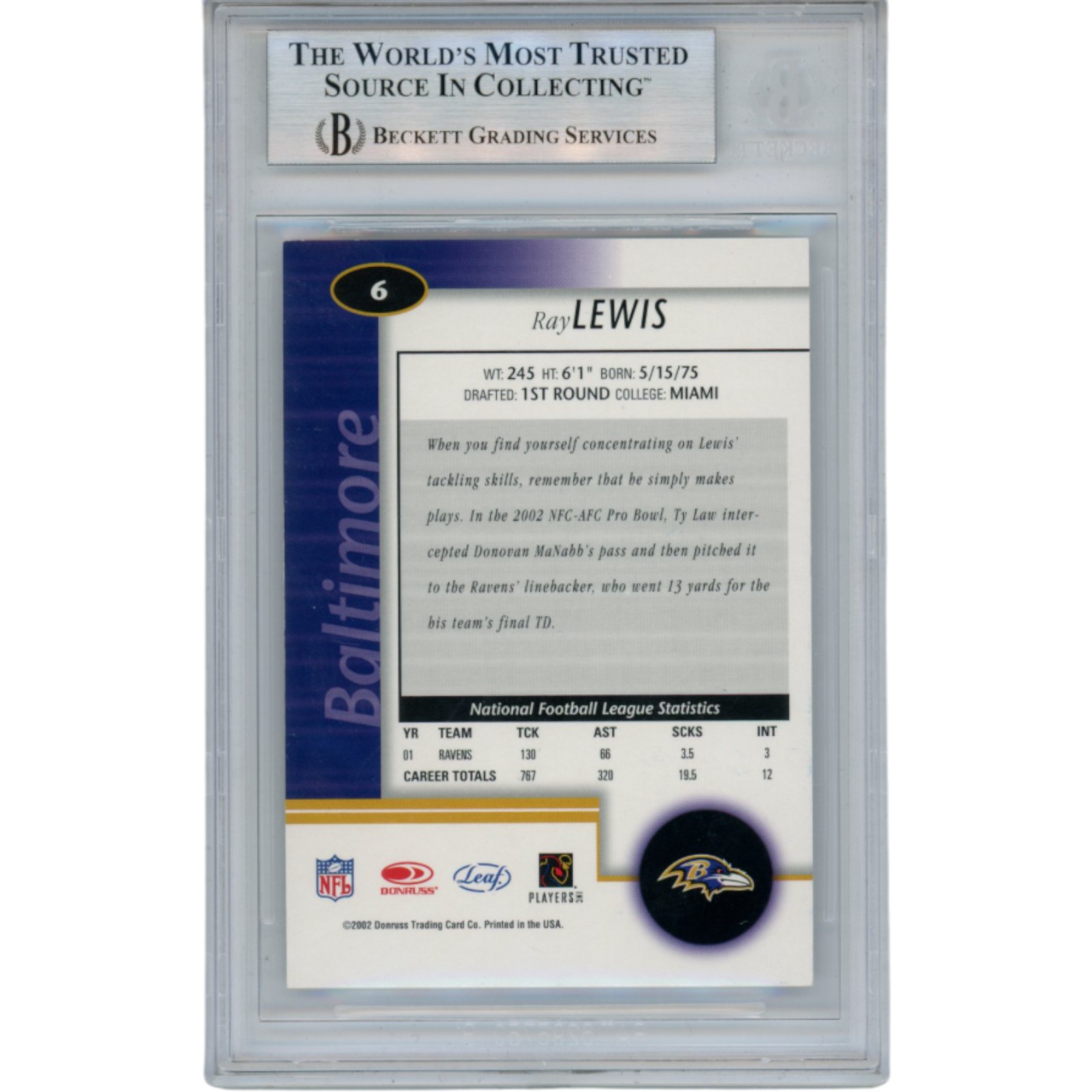 Ray Lewis Autographed 2002 Leaf Certified #6 Trading Card Slab Beckett 53490