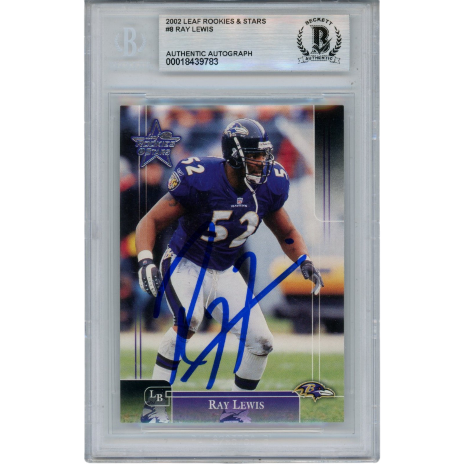 Ray Lewis Autographed 2002 Leaf Rookies Stars #8 Trading Card Slab Beckett 53475