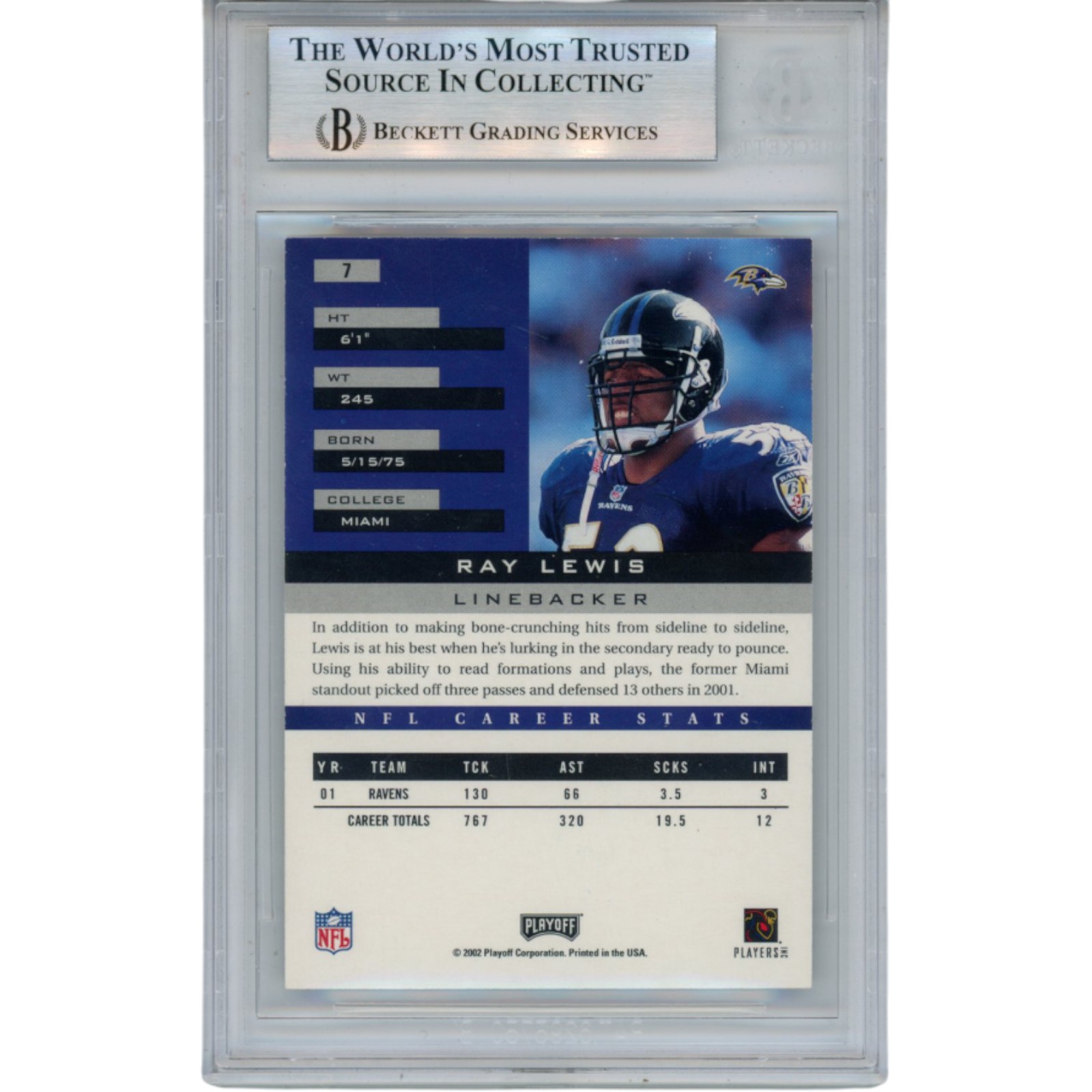Ray Lewis Autographed 2002 Playoff Honors #7 Trading Card Slab Beckett 53464 2 Ray Lewis Autographed 2002 Playoff Honors #7 Trading Card Slab Beckett 53464