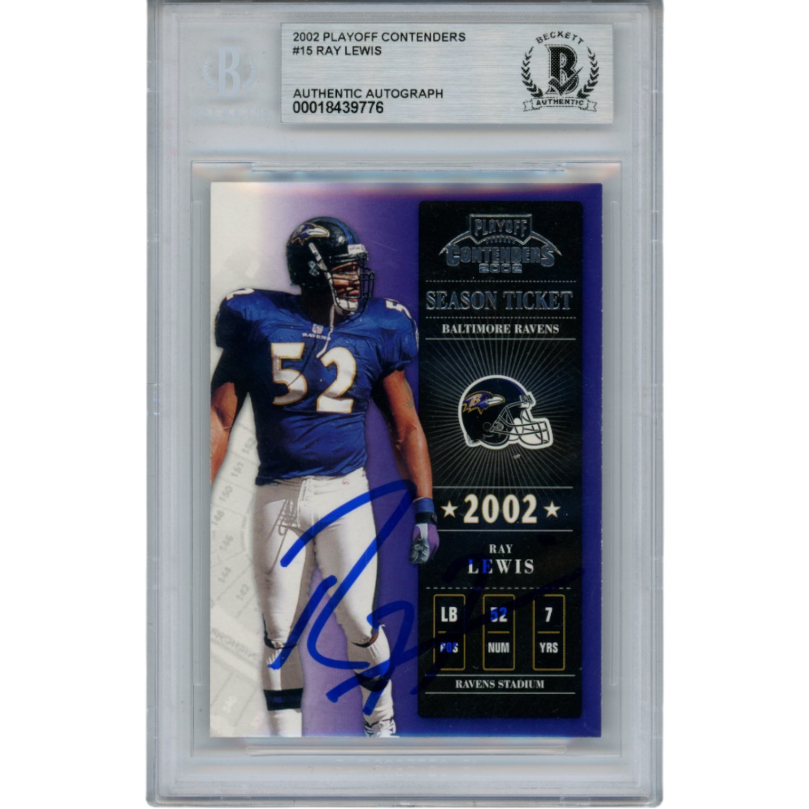 Ray Lewis Autographed 2002 Playoff Contenders #15 Trading Card Beckett 53480 1 Ray Lewis Autographed 2002 Playoff Contenders #15 Trading Card Beckett 53480