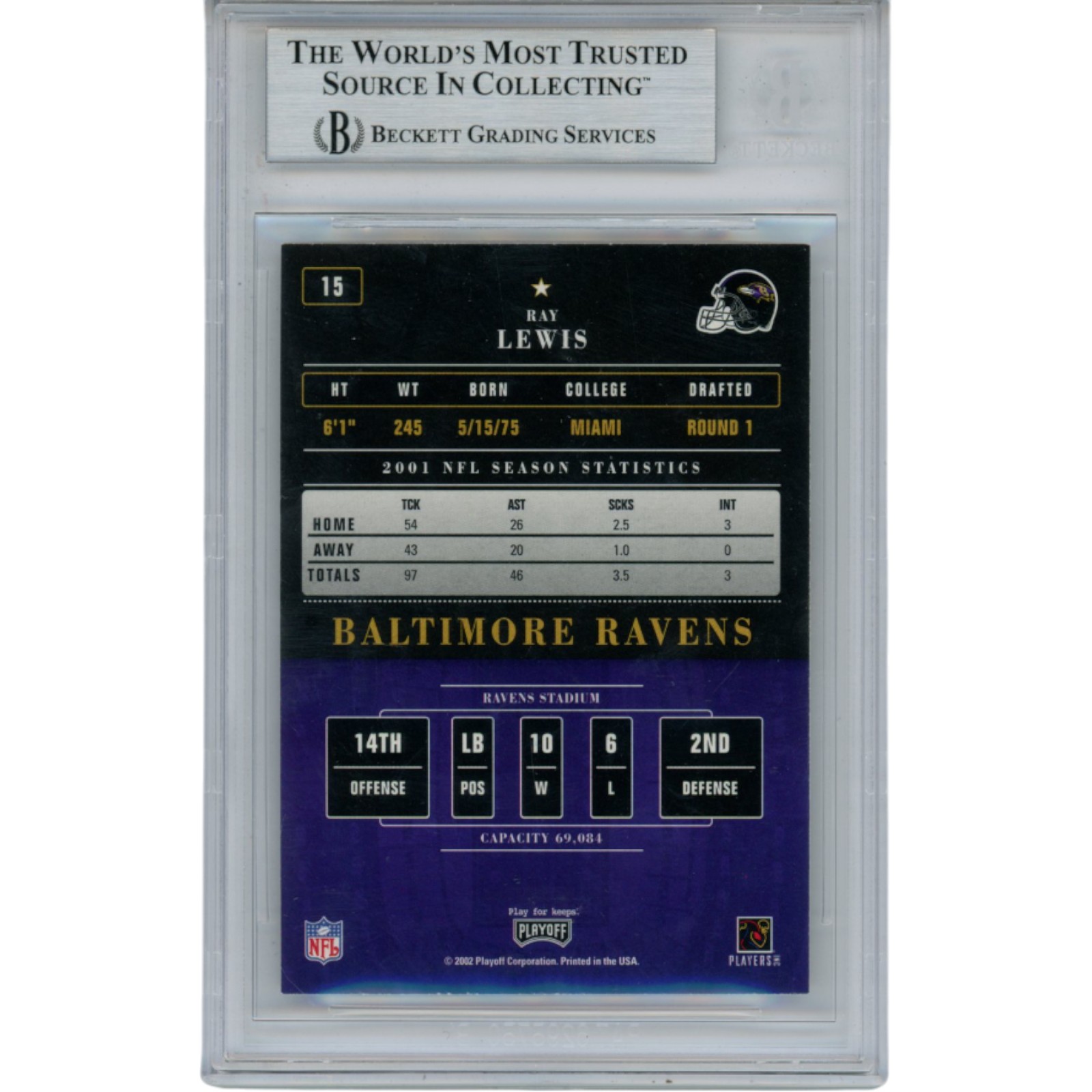 Ray Lewis Autographed 2002 Playoff Contenders #15 Trading Card Beckett 53480