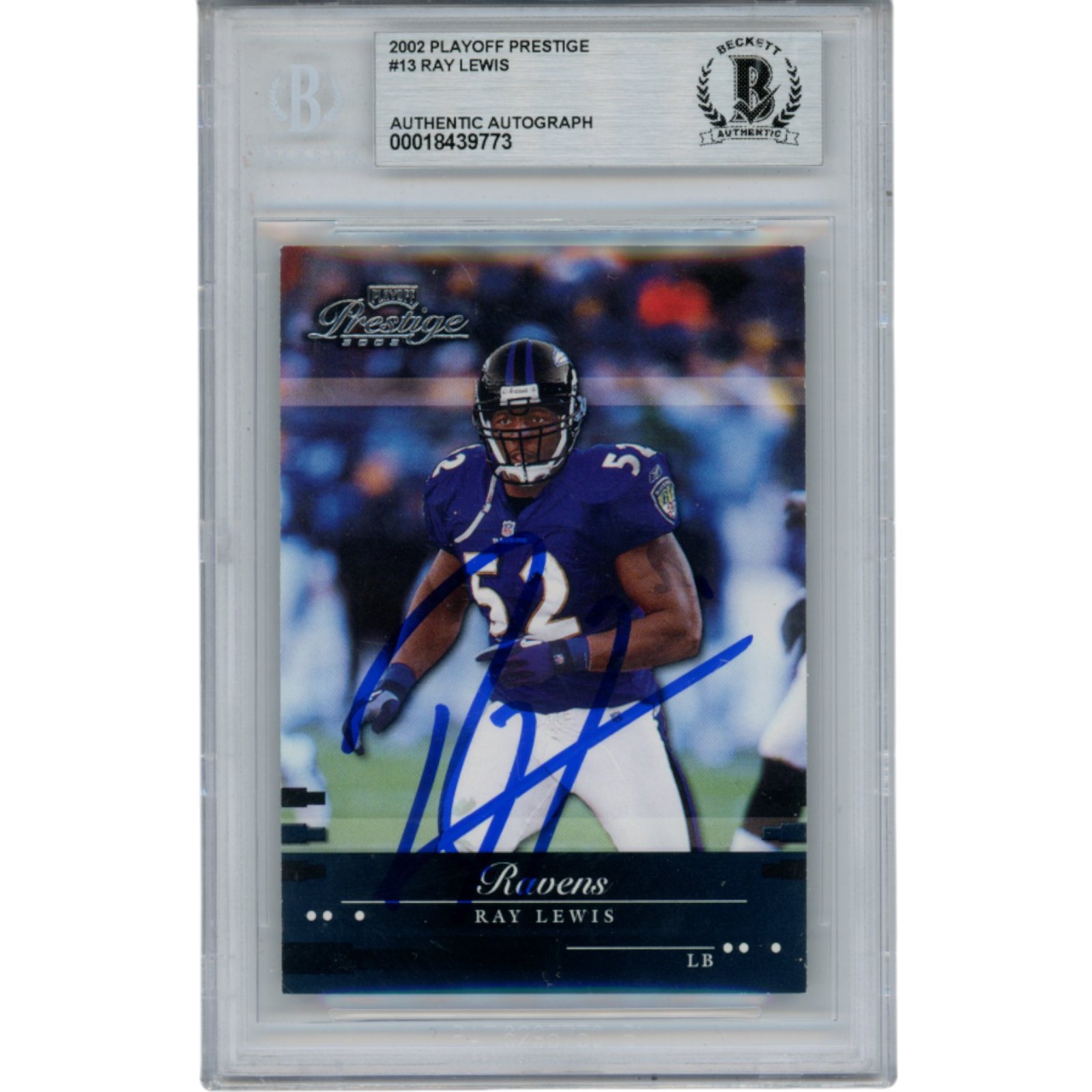 Ray Lewis Autographed/Signed 2002 Prestige #13 Trading Card Slab Beckett 53481