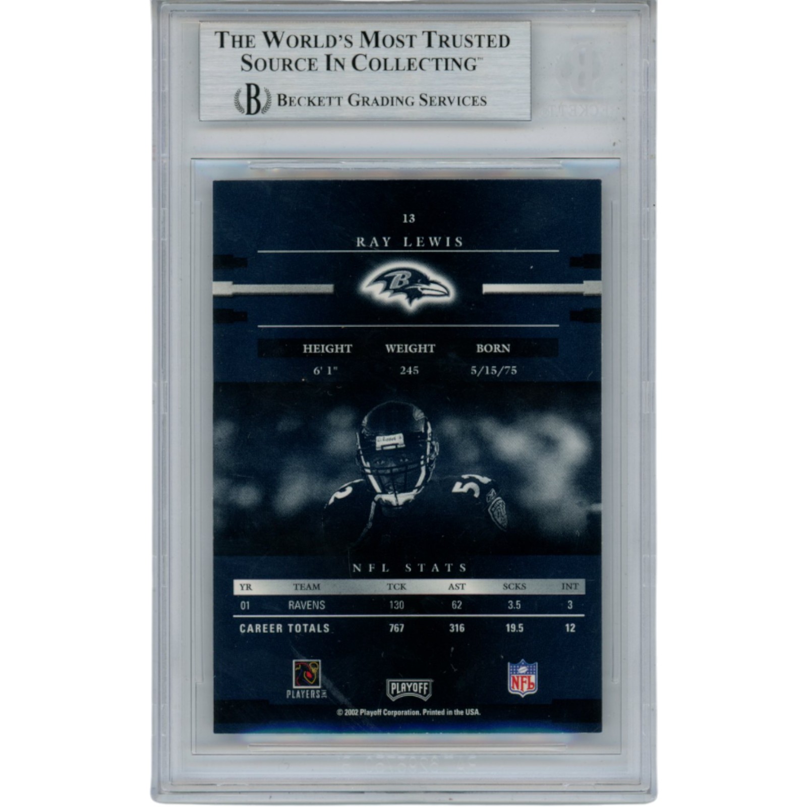 Ray Lewis Autographed/Signed 2002 Prestige #13 Trading Card Slab Beckett 53481