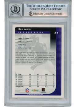 Ray Lewis Autographed/Signed 2002 Score #24 Trading Card Beckett 53037