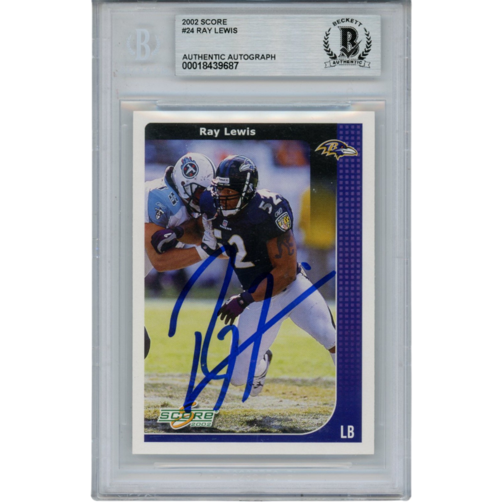 Ray Lewis Autographed/Signed 2002 Score #24 Trading Card Slab Beckett 53467 1 Ray Lewis Autographed/Signed 2002 Score #24 Trading Card Slab Beckett 53467